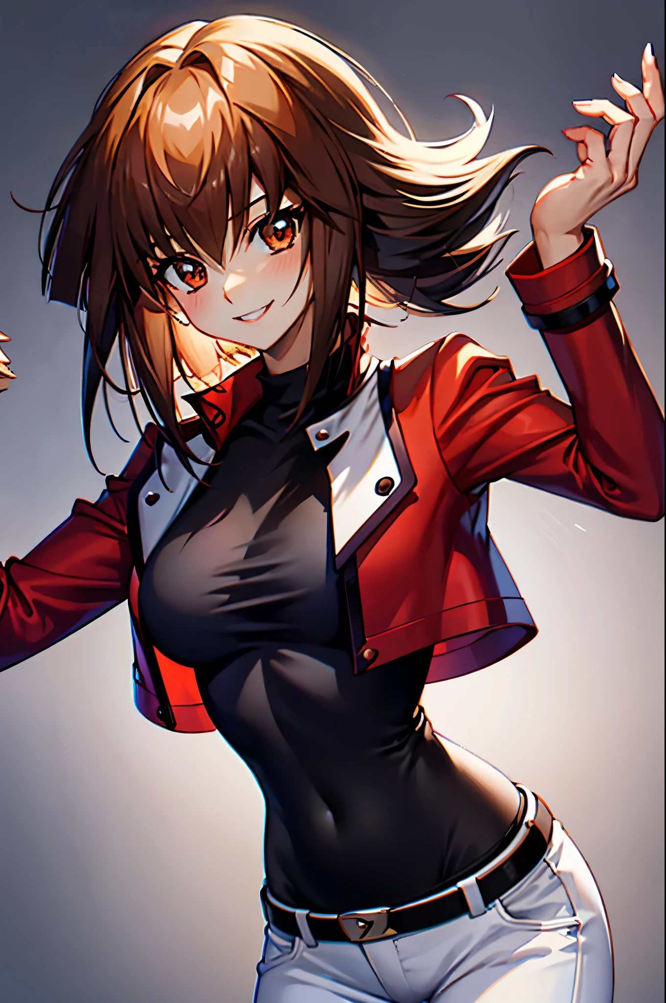 Yuuki Judai, 1girl,(female:1.5), Brown hair, Solo, Red jacket, Bangs, Black shirt, Open jacket, hair between eye, Long hair, Smile, White pants, red footwear,Duel Academy Uniforms (Yu-Gi-Oh! nffsw),
(Close Shot, Best Quality, hight resolution, 4K, Detailed Lighting, Shaders), 
Smile,
Looking at Viewer, Cowboy Shot,
