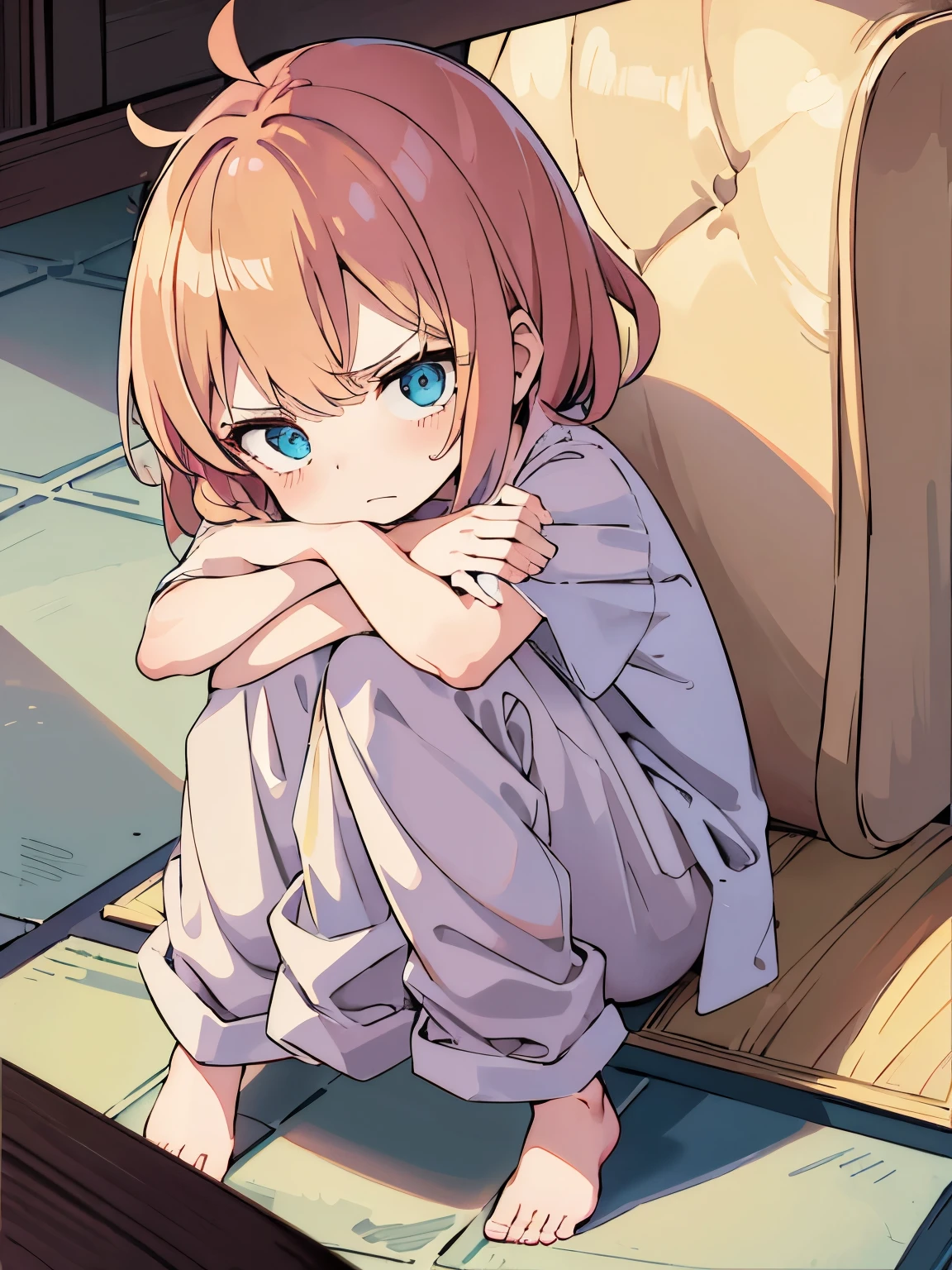 1girl,6 years old,Sit, knees bent, in the royal chamber,Angry expression, blonde hair, blue eyes, wearing a white pajamas, very cute, very short hair, side bangs,ultra detail, ultra HD