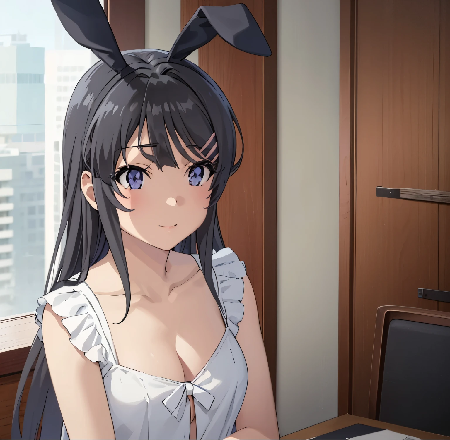 1girl, alone,Mai Sakurajima, Sitting on a chair in the room, pale light, Smiling, Wearing rabbit ears、The bikini、high-level image quality、8k、​masterpiece