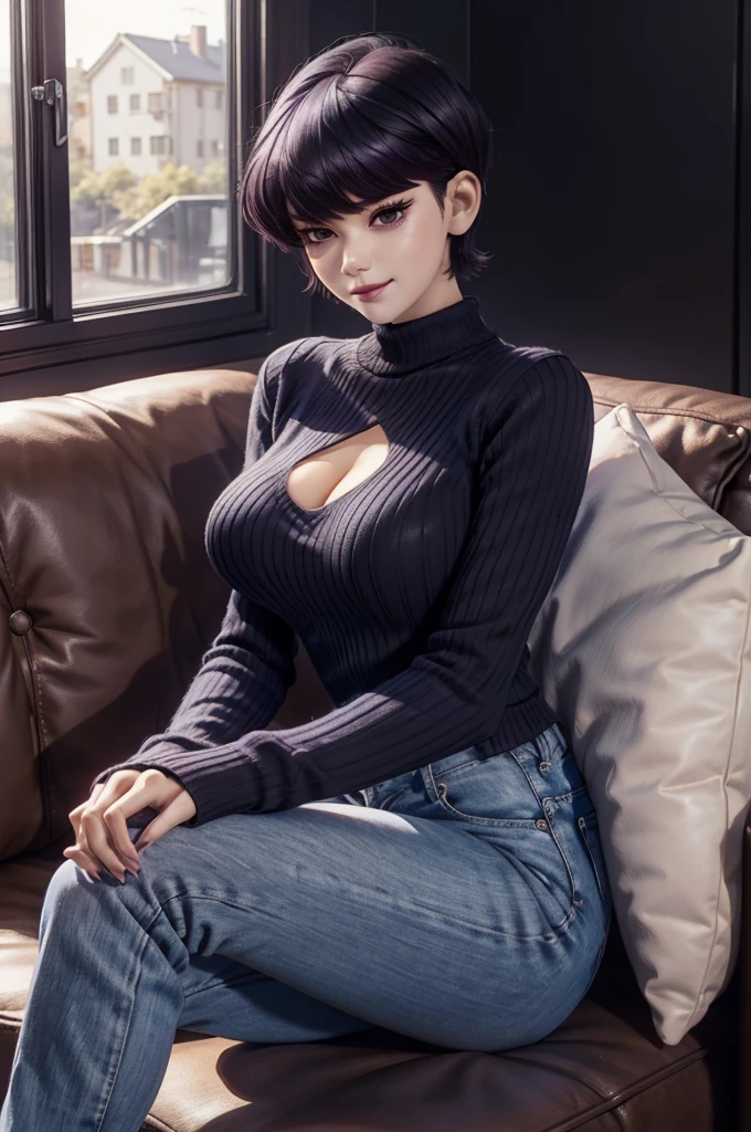 1girl, alone, komi shuuko, short hair, dark purple hair, with parting on the left side of the head, dark purple eyes, smiling, seductive, makeup, light pink lipstick, black sweater, tight long sleeve sweater, cleavage, blue jeans , tight jeans, black heels, big breasts, medium waist, medium hips, medium thighs, living room, sitting on sofa, legs crossed, night, open window, good lighting, excellent hands, excellent anatomy,