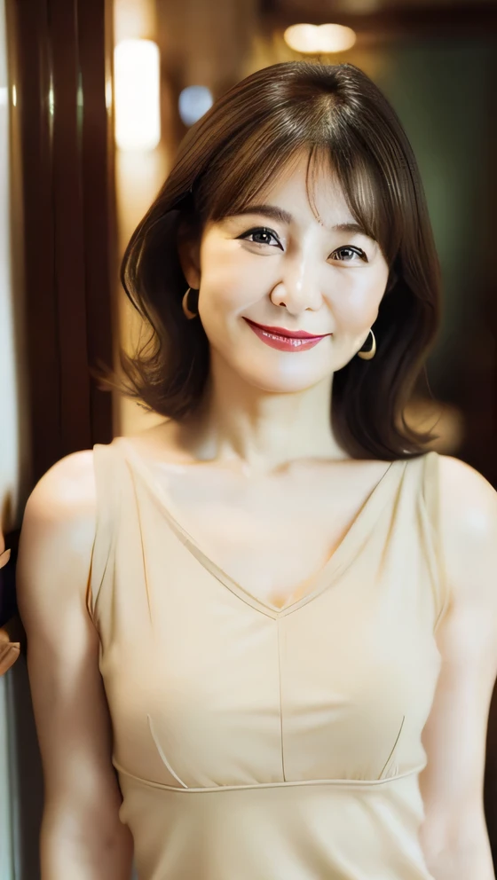 Wearing a beige top Photograph the whole body from head to toe 45 years old Japanese woman with semi-long brown hair whole body Has a slightly plump figure Personal woman 45 years old short hair、((brown hair)、short hair beautiful hair shiny hair Japan( sharpen ),,(The background is a typical Japanese kitchen.) (Purelos Face_v1:0.7), (8K, highest quality), unconscious, Open Eyes,High resolution, original, (Flat Color:0.9),(Colorful:1.1),(masterpiece:1,2), highest quality, masterpiece, High resolution, original, Viewer Perspective, alone, Portrait, Mature Woman Body Set, A slight smile,Natural wrinkles, Wrinkles around the eyes, Surreal, Natural Skin, Natural Hair Color, Bright red lips whole body像