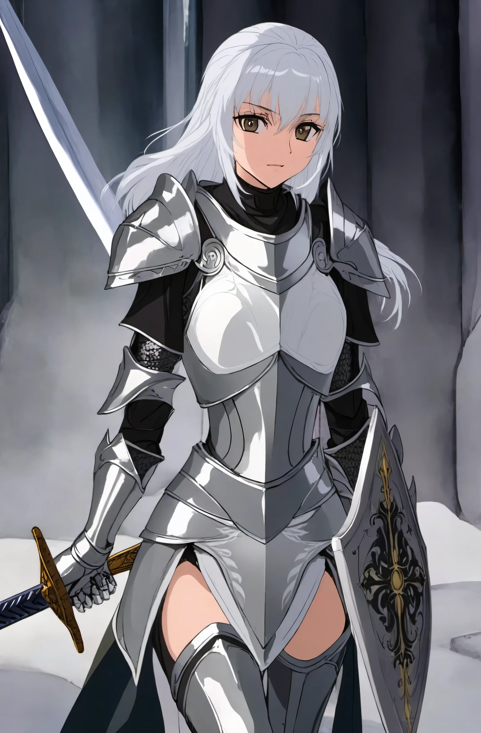 wearing armor、Anime style image of a woman holding a sword, Armor Girl, white armor, glossy white armor, Beautiful armor, Wearing sleek silver armor, The whole body is covered with silver armor, Light black armor, Female Knight, Stunning Armor, white metallic armor, of a beautiful Female Knight, Full body covered with metal armor, Kushat Krenz Key Art Women