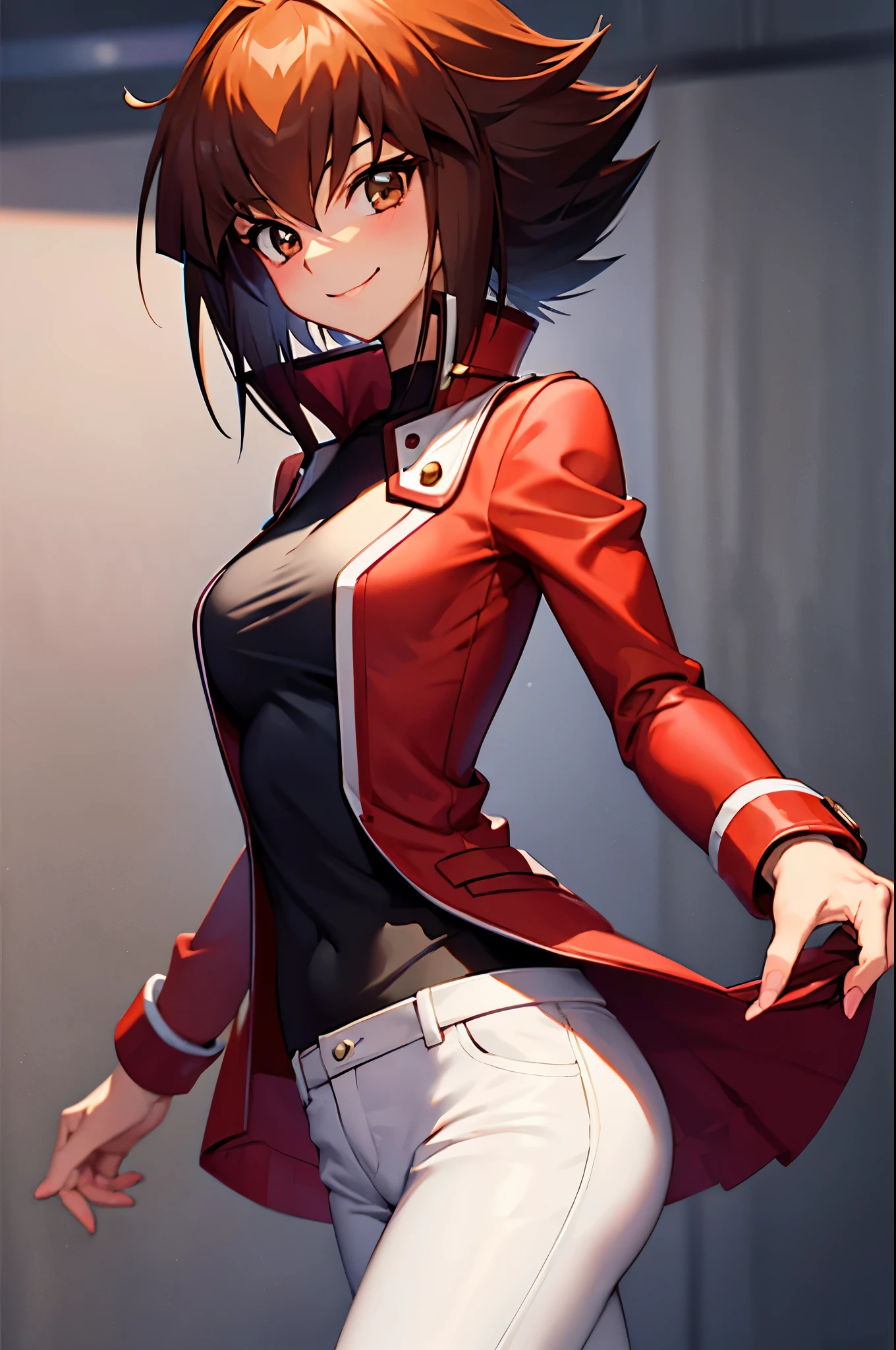 Yuuki Judai, 1girl,(female:1.5), Brown hair, Solo, Red jacket, Bangs, Black shirt, Open jacket, hair between eye, Long hair, Smile, White pants, red footwear,Duel Academy Uniforms (Yu-Gi-Oh! nffsw),
(Close Shot, Best Quality, hight resolution, 4K, Detailed Lighting, Shaders), 
Smile,
Looking at Viewer, Cowboy Shot,
