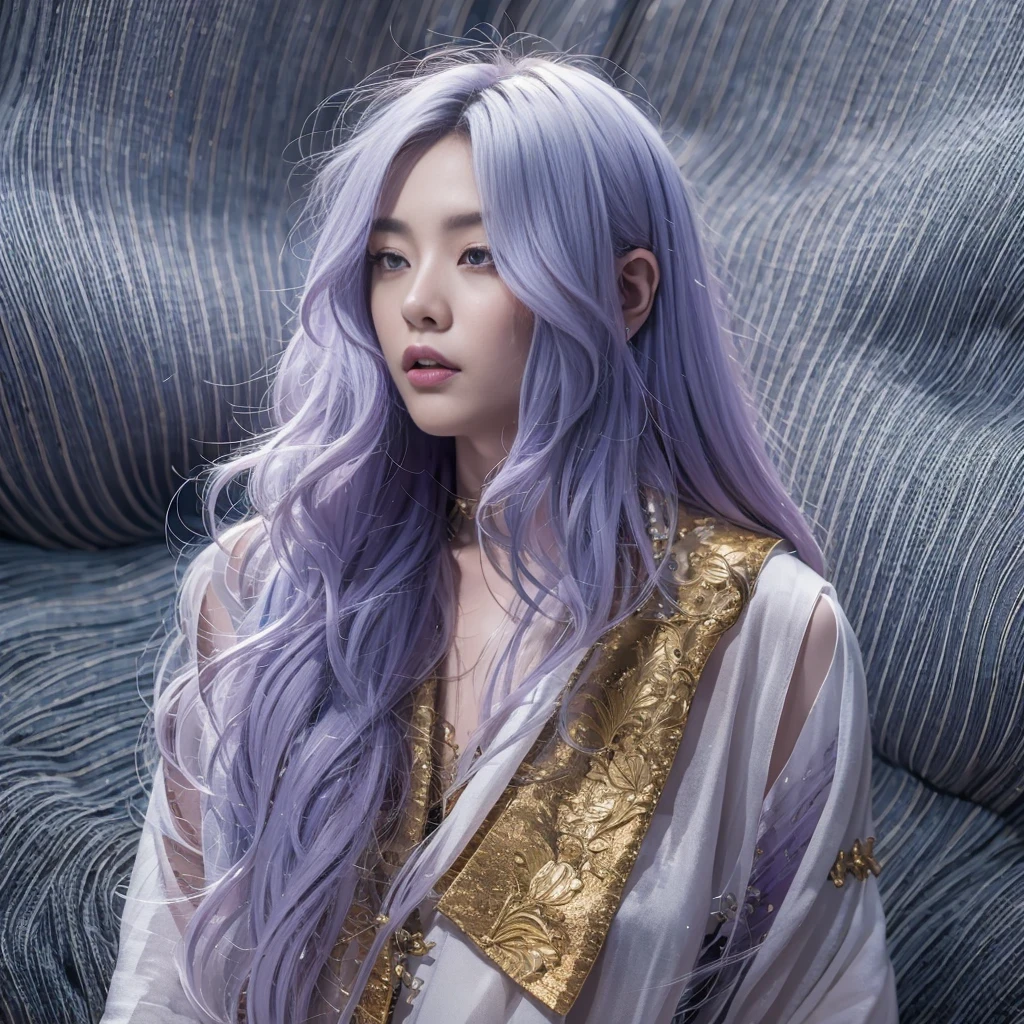 32K（tmasterpiece，k hd，hyper HD，32K）Long flowing lilac hair，Back basement，zydink， a color，  Xuzhou people （Silly girl）， （Silk scarf）， Combat posture， looking at the ground， long whitr hair， Floating lilac， Fire cloud pattern light gold headdress， Chinese long-sleeved gold silk garment， （abstract ink splash：1.2）， smoky background，Lotus protector（realisticlying：1.4），lilac purple hair，Fog on the road，smoke in the background， A high resolution， the detail， RAW photogr， Sharp Re， Nikon D850 Film Stock Photo by Jefferies Lee 4 Kodak Portra 400 Camera F1.6 shots, Rich colors, ultra-realistic vivid textures, Dramatic lighting, Unreal Engine Art Station Trend, cinestir 800，Long flowing lilac hair，Light transparent clothes