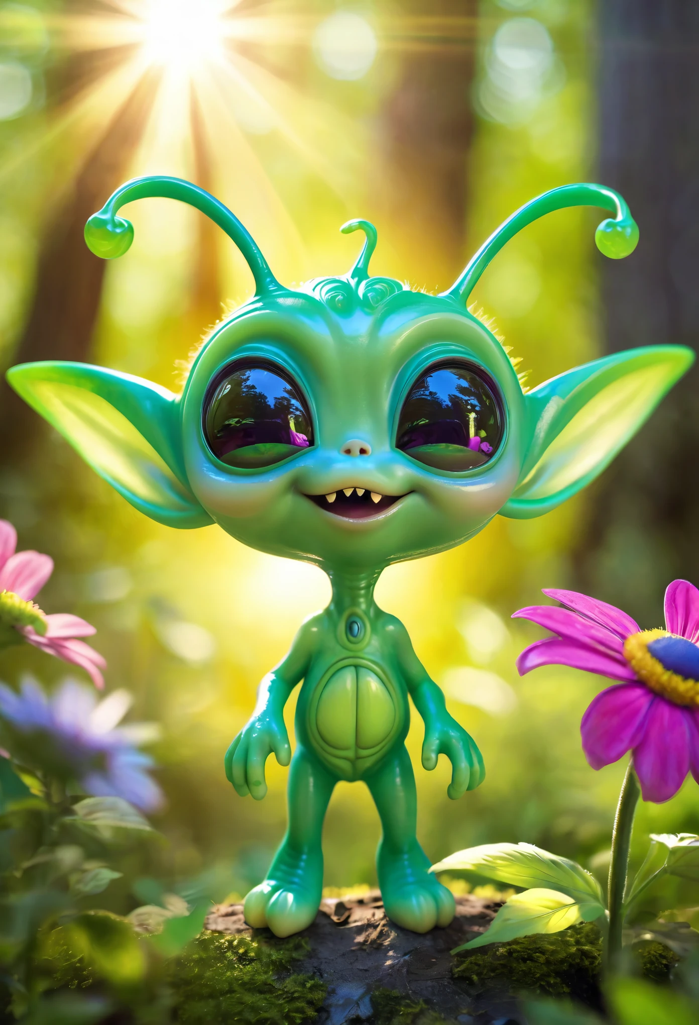 Photography of an adorable three-eyed little green alien . The extraterrestrial creature has a round body and short limbs, with vibrant green skin and a mischievous grin. It stands in a forest clearing, surrounded by towering trees adorned with colorful flowers. Sunlight filters through the foliage, casting a gentle glow on the alien's translucent ears. The composition is close-up, capturing the alien's unique features and endearing expression. The photograph is captured with a high-quality digital camera, ensuring sharp focus and rich colors. This imaginative portrayal of an extraterrestrial visitor is sure to inspire wonder and delight  