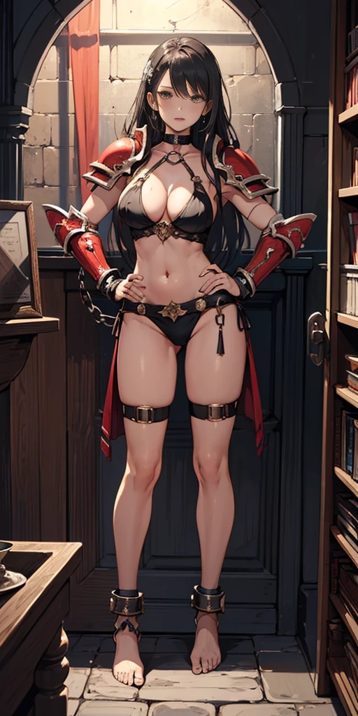 (1girl) (digital) (in detailed dungeon room, (armor)), best quality, khorne, skull, full body, barefoot, 1 solo female girl MILF BIMBO, big breasts, long hair, YELLOW bikini, handcuffs on their hands with a collar around the neck, hands on hips, ((black choker, shackles on legs and arms))