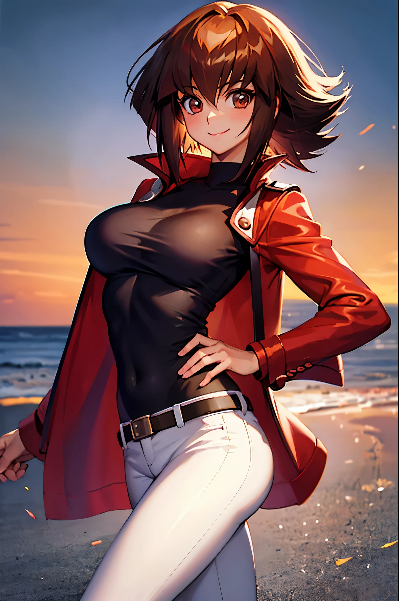 Yuuki Judai, 1girl,(female:1.5), Brown hair, Solo, Red jacket, Bangs, Black shirt, Open jacket, hair between eye, Long hair, Smile, White pants, red footwear,Duel Academy Uniforms (Yu-Gi-Oh! nffsw),
(Close Shot, Best Quality, hight resolution, 4K, Detailed Lighting, Shaders), 
Smile,
Looking at Viewer, Cowboy Shot,
