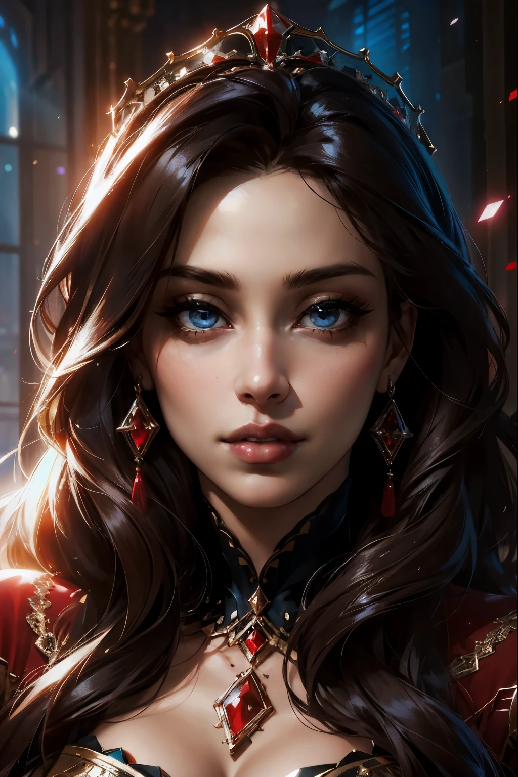 Masterpiece, Sarah Shahi, portrait shot, wearing sexy queen dress, perfect detailed eyes, red lips, particles, inside rich castle