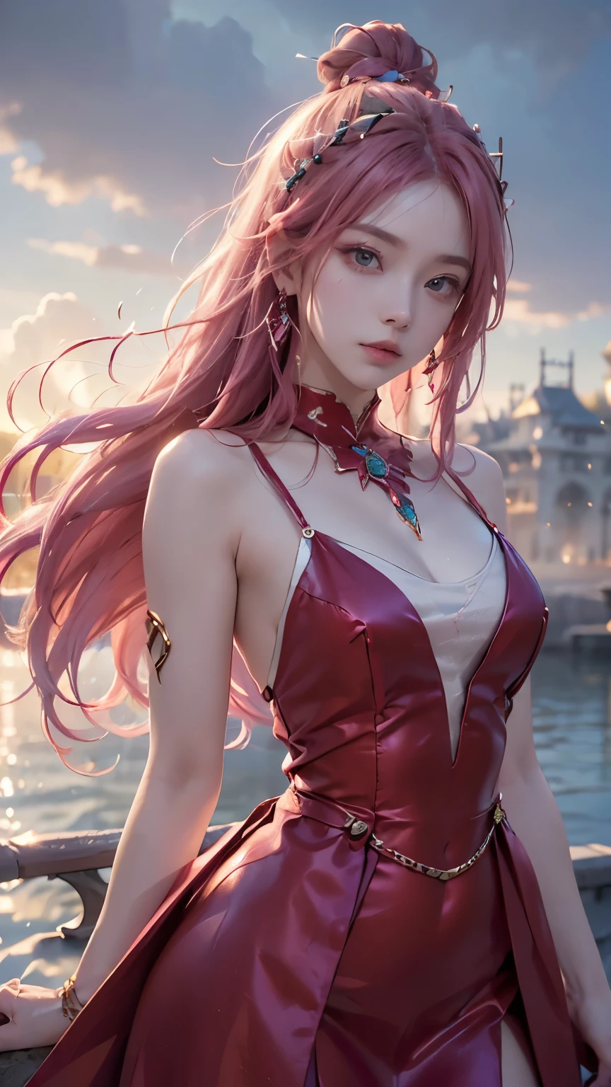 Realistic, Hyper Detail, Girls Only, Layered Bob, Dynamic Lighting, ((Bold imaginative pose)), (Glossy skin: 1.5), Masterpiece, Top Quality, Absurdity, Watching Viewer, (gradient hair color,Blonde to pink Hair), deep Purple Clear Eyes,((Beautiful, detailed eyes, jewel-like eyes, colorful eyes, sparkling eyes:1.3)), Slender, High Resolution, Sharp Focus, Depth of Field, Detail Eyes, Sharp Eyes, (Realistic Eyes)), outdoors, sunrise sky, (attractive delicate design river trimmed lace dress, (intricately patterned oriental sexy armor wearing): 1.3))
