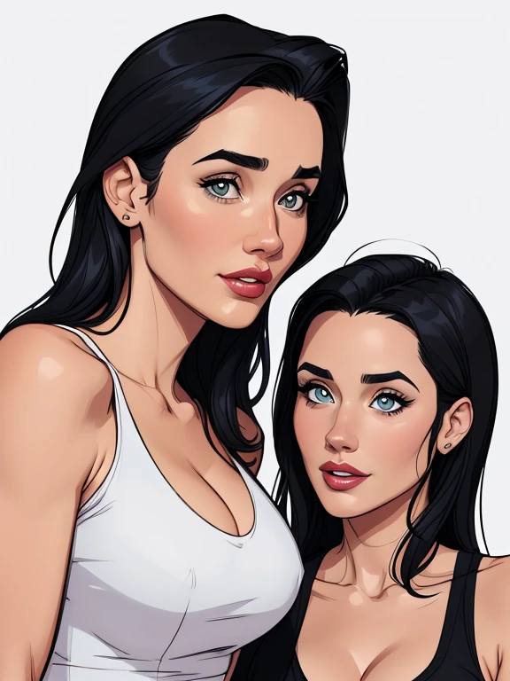 estilo de desenho animado:1.2), Jennifer Connelly together with Monica Bellucci bBrazilian woman draw ART Artline white background woman Jennifer Connelly together with Monica Bellucci in style Mas Max the film style Cartoon style digital illustration highly detailed ens, arte digital detalhada fofa, City fan art, design de personagem retrato, beautiful digital illustration, retrato de alta qualidade, arte em quadrinhos, retrato do design do personagem, white background busty halloween witches outfit cartoon style digital illustration diverse colorful background attractive woman sesy beautiful breasts and clothes white tank top in symmetrical, Female girlfriends pose beautiful breasts in Cartoon style digital illustration Jennifer Connelly together with Monica Bellucci b