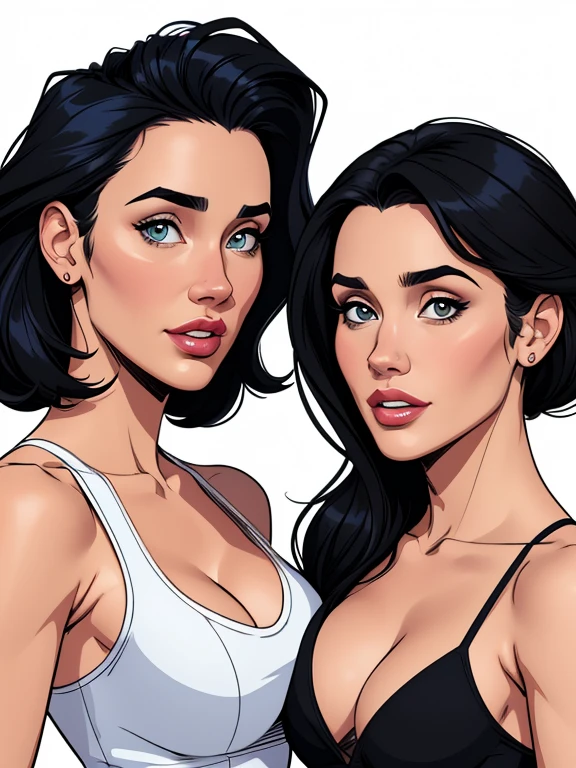 estilo de desenho animado:1.2), Jennifer Connelly together with Monica Bellucci bBrazilian woman draw ART Artline white background woman Jennifer Connelly together with Monica Bellucci in style Mas Max the film style Cartoon style digital illustration highly detailed ens, arte digital detalhada fofa, City fan art, design de personagem retrato, beautiful digital illustration, retrato de alta qualidade, arte em quadrinhos, retrato do design do personagem, white background busty halloween witches outfit cartoon style digital illustration diverse colorful background attractive woman sesy beautiful breasts and clothes white tank top in symmetrical, Female girlfriends pose beautiful breasts in Cartoon style digital illustration Jennifer Connelly together with Monica Bellucci b