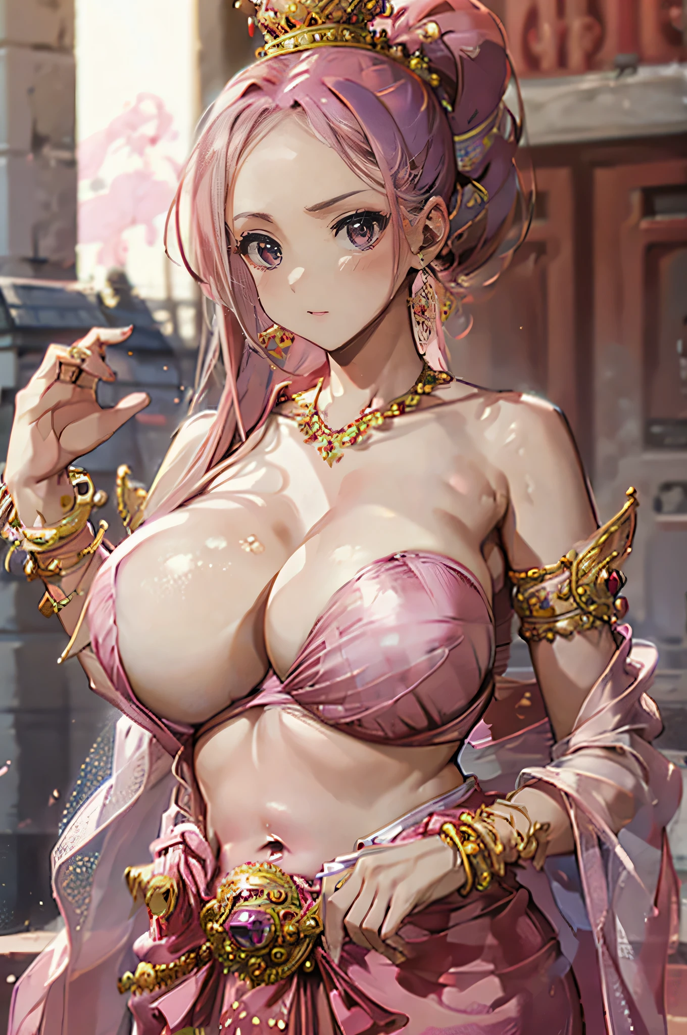 4k.high resolution,one woman,pink hair,short ponytail,big ,Hime,pink arab dancer costume,Navel expulsion,red gold bracelet,Gemstone Earrings,Jeweled clothes,queen'crown,Inside the palace, ((bare breast:1.37)) I saw bulging nipples in the cloth..,mouse breast