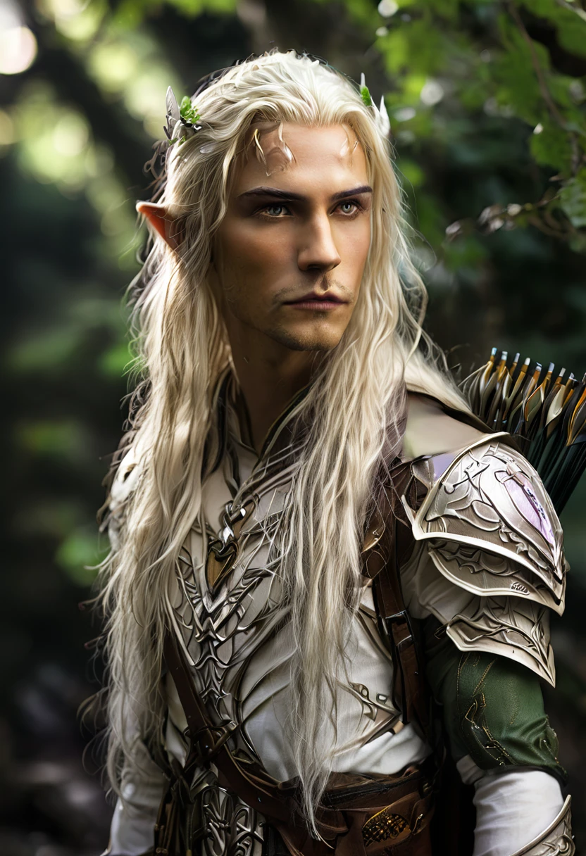 Everquest wood elf ,white eyebrows, eyelashes, curved mouth expression, smooth skin, long luscious platinum blonde hair, long detailed goatee, full detailed body, detailed archer, fantasy two handed claymore, fantasy dnd at night full moon light