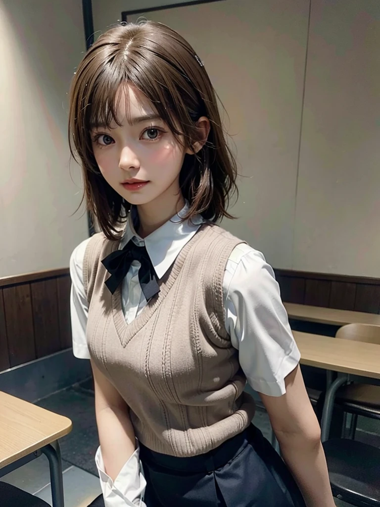 Masterpiece, Top Quality, Top Mikoto, brown eyes, short hair, small breasts, looking at viewer, alone, closed mouth, collared shirt, beige knit vest, dark blue  Skirt, school_uniform, shirt, white_shirt, classroom,Masterpiece, highest quality, 8K, detailed skin texture, fine cloth texture, beautiful detailed face, intricate details, super detailed,cute,cute posing,composition that shows the whole body,