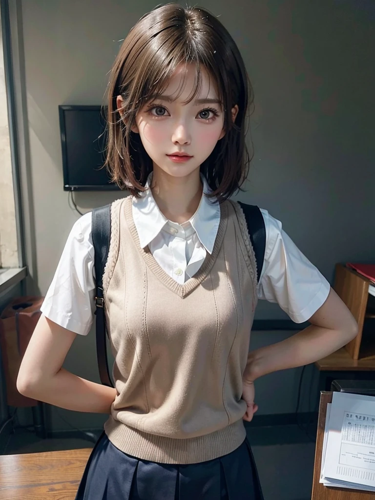 Masterpiece, Top Quality, Top Mikoto, brown eyes, short hair, small breasts, looking at viewer, alone, closed mouth, collared shirt, beige knit vest, dark blue  Skirt, school_uniform, shirt, white_shirt, classroom,Masterpiece, highest quality, 8K, detailed skin texture, fine cloth texture, beautiful detailed face, intricate details, super detailed,cute,cute posing,composition that shows the whole body,