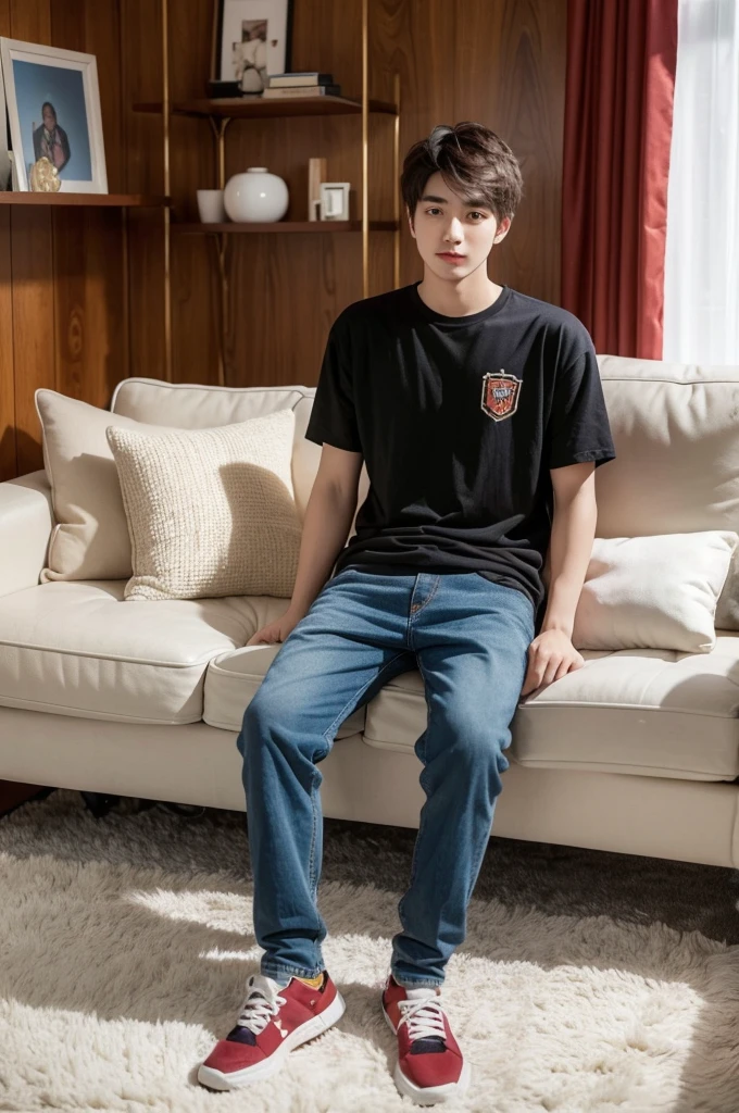 A 24-year-old boy，Standing，whole body，Facing the camera，There is a sofa behind you，Pillow，game console，Sunny and handsome，Adults，carpet