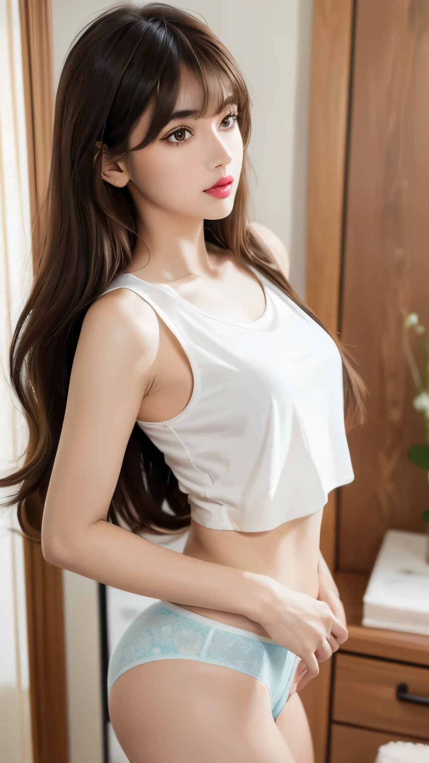 top Quority,Ultra-clear resolution, beauty, hidden face, (beautiful Indian girl's), beauty:1.3, slender abs: 1.1, ((brown hair long with bangs bangs))., ((Micro panties)). ((Tank top shirt)). Stand_looking back. small thigh circumference. shot from the back angle. in front of the make-up mirror, _ultra-detailed face, highly detailed lips, detailed eyes, double eyelids, make-up face. Red lipstick