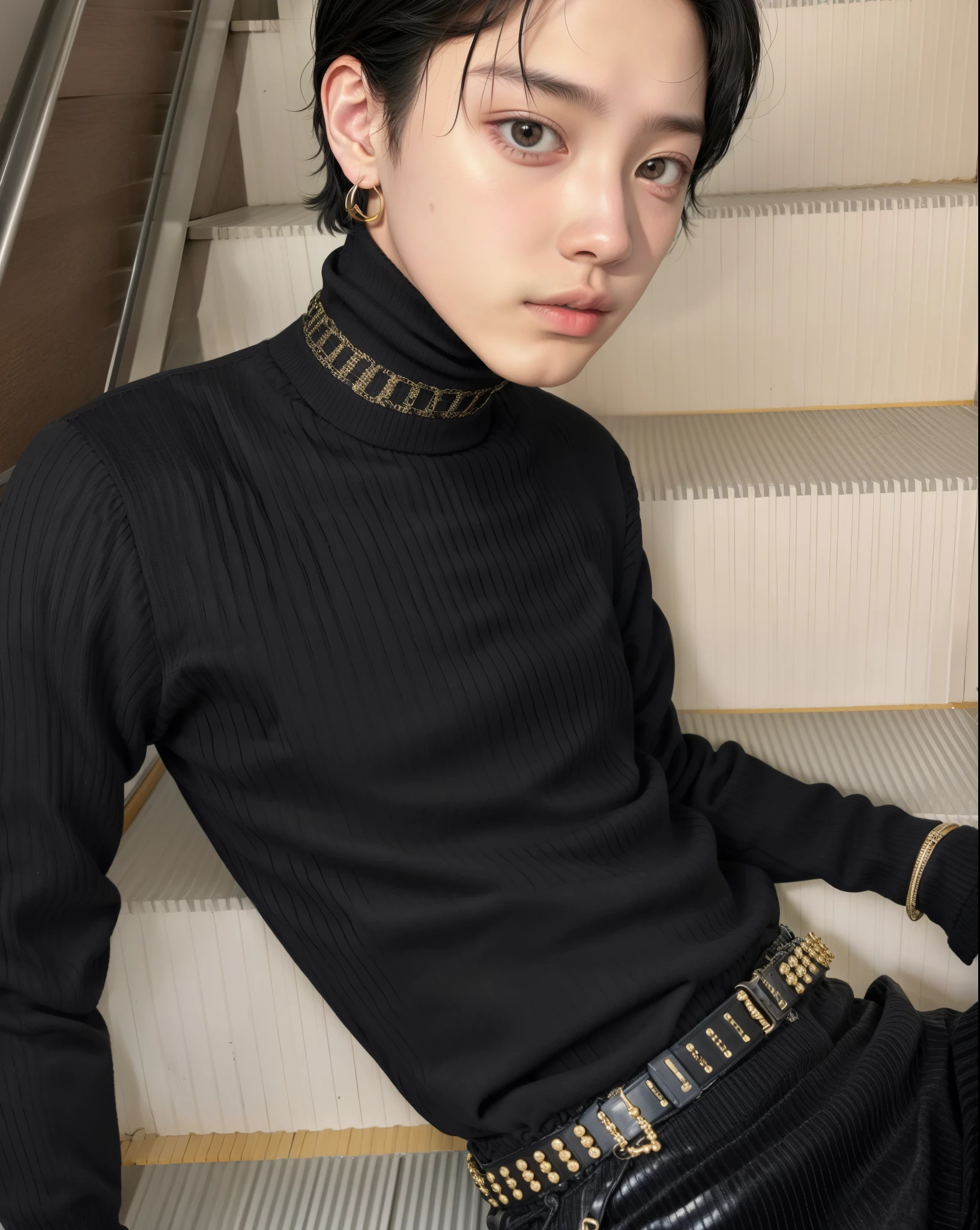 Araffada boy with black shirt and black pants sitting on the stairs., chanhee, pintar ulzzang, oficial, delicate androgynous prince, cuchilla del grupo de drenaje, chanhee the boyz, face idol boy, idol koren boy, ulzzang, beautiful androgynous prince, 2 0 2 0 moda, cuello alto negro, todos del grupo the boyz.