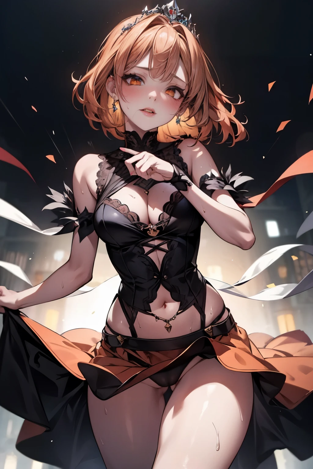 (Best quality, 8K, Masterpiece:1.3, 1 girl, solo, Beautiful girl), cute, Dynamism, Detailed face, Detailed skin, detailed clothes, Detailed eyes, Detailed lips, Detailed tongue, Detailed fingers, Detailed mouth, Photorealistic, Raw photo, highres, hight resolution, Natural lighting, perfect anatomy, toned legs, double eyelids, tear bags, round eyes, moist lips, sweaty, ecstatic face, (orange eyes:1.2), split-color hair, princess dress, princess, blush, dance party, dance hall, floating, spot lighting, jewelry, jeweled clothes, tiara, skirt lift, see-through panties:1.5, camel toe, lace, looking at viewer, (paizuri invitation), masturbation, nsfw, ahegao, open legs, wet body