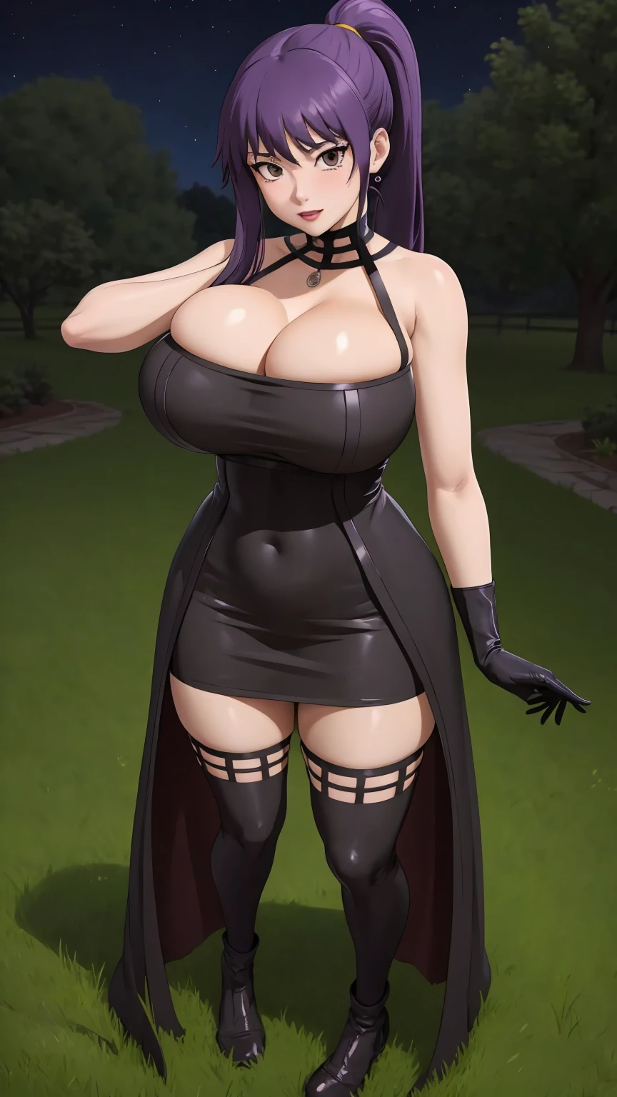 masterpiece, best quality, extremely detail 8k cg, high resolution, 1girl, yuugao, solo, purple hair, long hair, sidelocks, ponytail, brown eyes, perfect eyes, slim body, huge breasts, bursting breasts, standing, black dress, black thighhighs, black gloves, seductive face, outdoors, garden, night time, beautiful face, wide shot photo, full body