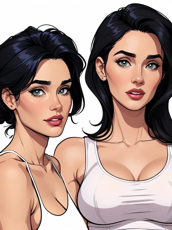 estilo de desenho animado:1.2), Jennifer Connelly together with Monica Bellucci bBrazilian woman draw ART Artline white background woman Jennifer Connelly together with Monica Bellucci in style Mas Max the film style Cartoon style digital illustration highly detailed ens, arte digital detalhada fofa, City fan art, design de personagem retrato, beautiful digital illustration, retrato de alta qualidade, arte em quadrinhos, retrato do design do personagem, white background busty halloween witches outfit cartoon style digital illustration diverse colorful background attractive woman sesy beautiful breasts and clothes white tank top in symmetrical, Female girlfriends pose beautiful breasts in Cartoon style digital illustration Jennifer Connelly together with Monica Bellucci b