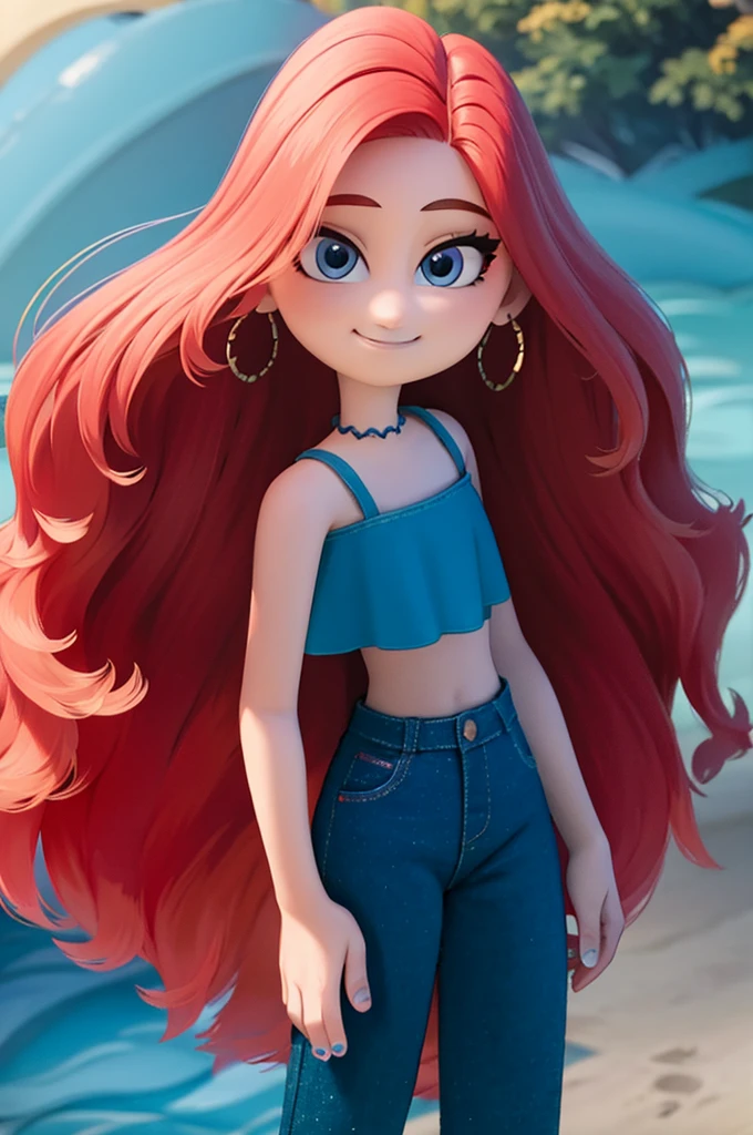 ruby 1 girl, solo, long hair, looking at viewer, smile, jewelry, very long hair, standing, red hair, earrings, shoes, pants, blue eyes, white-skinned female, light blue ruffle crop top, denim, blue nails, light blue jeans, hoop earrings, blue pants, ocean background, cowboy shot, best quality, 2D flat, Masterpiece, close up, 8K, HDR, portrait, 