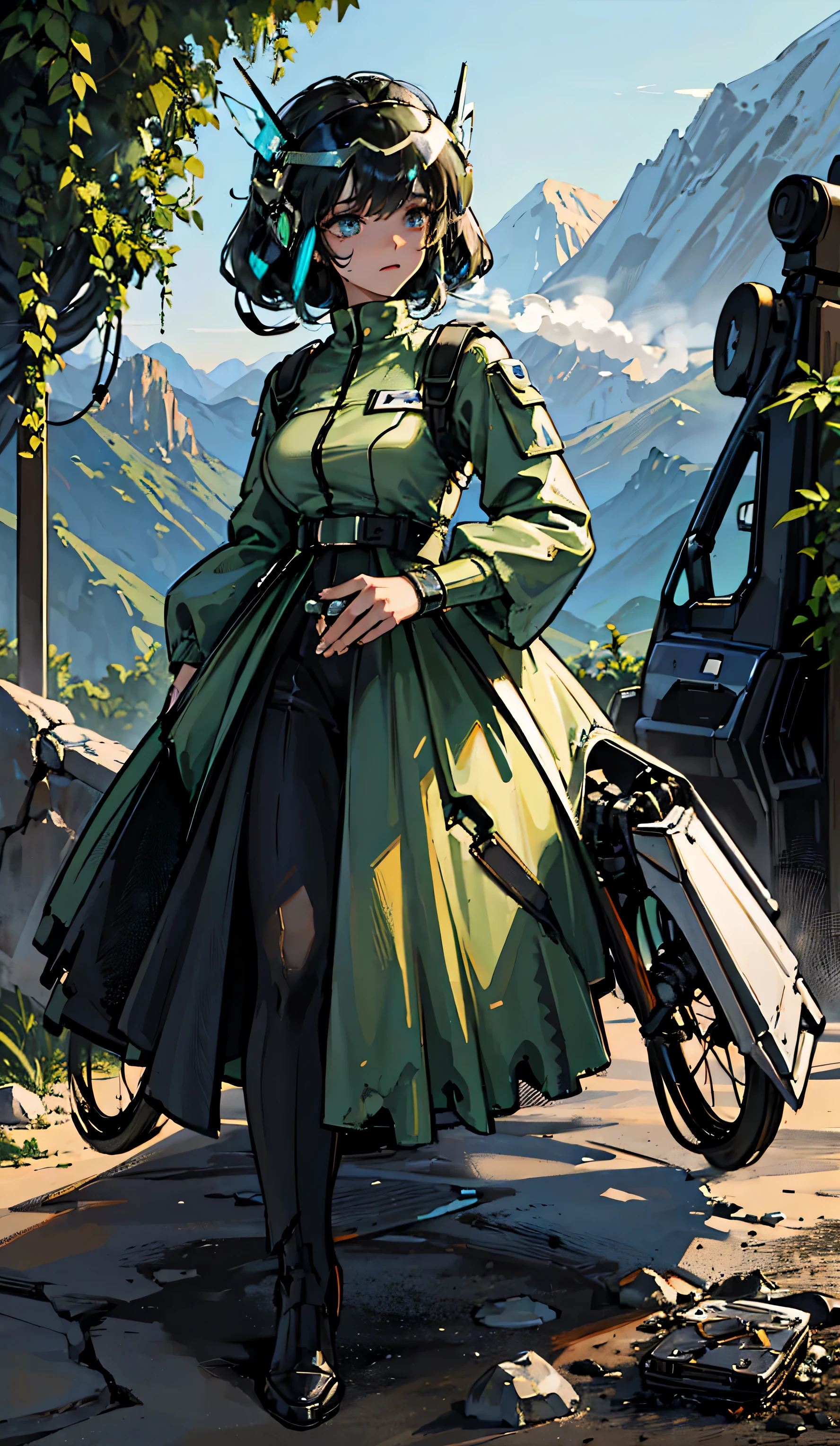 award winning closeup photo of a female (sci-fi explorer:1.3) wearing helmet with hexagonal glass visor, [Style-Psycho::10], beside a (crashed vehicle:1.2), (smoke:1.4), looking out over a verdant alien planet, (mountains:1.2) (tall grass:1.2), rocks, highly detailed, fine detail, (intricate:1.3), (lens flare:0.6), (backlighting:0.8), (bloom:0.8), shallow depth of field
