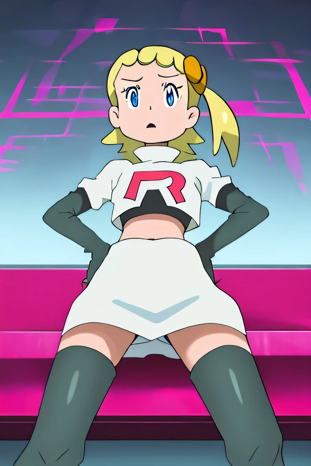 masterpiece,best quality,high res,high quality,bonnie_pokemon, blonde hair, short hair, hair ornament, side ponytail, blue eyes, eyelashes,8k, masterpiece,highres, team rocket uniform, red letter r, white skirt,white crop top,black thigh-high boots, black elbow gloves, glaring angrily, looking down at viewer, hands on hips, cowboy shot, zettai ryouiki,spread legs,from below, black panties,anime style, vivid colors, sharp focus, intense lighting,