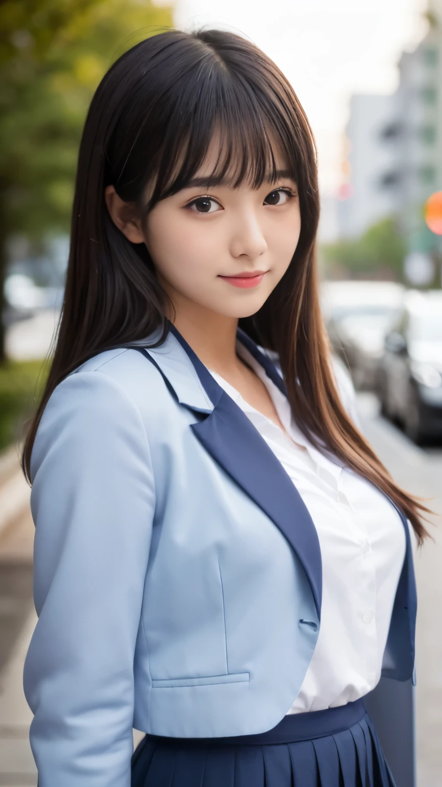(Best-quality, Masterpiece, Ultra-High-Resolution, (Photorealistic:1.4), Raw-Photo), depth of field, professional lighting, cowboy-shot, 1girl, 15-years-old, the most famous Japanese idol, (((wearing white blouse and navy-blue blazer like a Japanese high-school uniform on upper body, wearing navy-blue pleated skirt like a Japanese high-school uniform on lower body, upturned ass that wearing white panties with cute-patterned))), (the most cute face like the most popular Japanese idol, ((the most cute big-black-eyes)), the most beautiful black-hair), the most cute hairstyle, (the most beautiful skins), the most cute long-eyelashes, the most cute lips, perfect-proportion, the most beautiful thighs, looking at viewer, innocent-smile