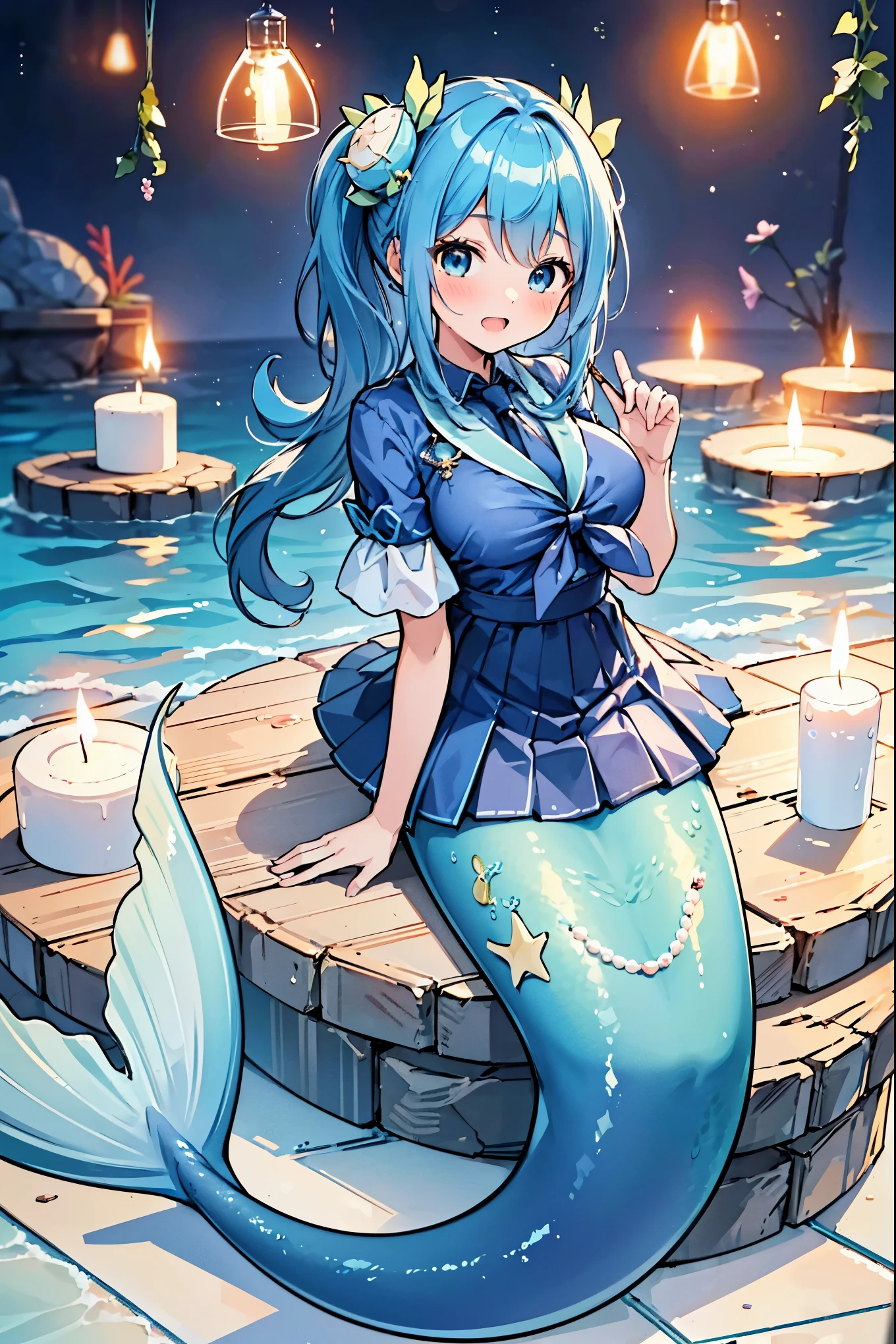 masterpiece, best quality(Full fingers),A woman,Large Breasts,Mermaid,Blue shirt,Blue Skirt,藍色的Mermaid尾巴,full-body shot,seabed,Underwater,swim in the sea,charming脸(Kawaii, charming,Soft)