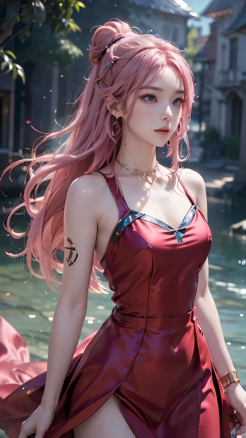 (logo、masterpiece、8k、Tabletop、RAW Photos、wonderful、最high quality、フォトリアルでVery detailedなCG統合8k壁紙、high quality、Very detailed、Narrative poem、Particle Effects、Dynamic Effects、Depth of text、Cinematic Light、Lens flare、Ray Tracing)、Fantasy、(One girl, arms, sword, Long Hair, dress, water, alone, jewelry, red dress, Earrings, hair ornaments, waterしぶき, Ultra-realistic upper body, Hair Bun, Pink Hair, Realistic city background, Lighting,Frank