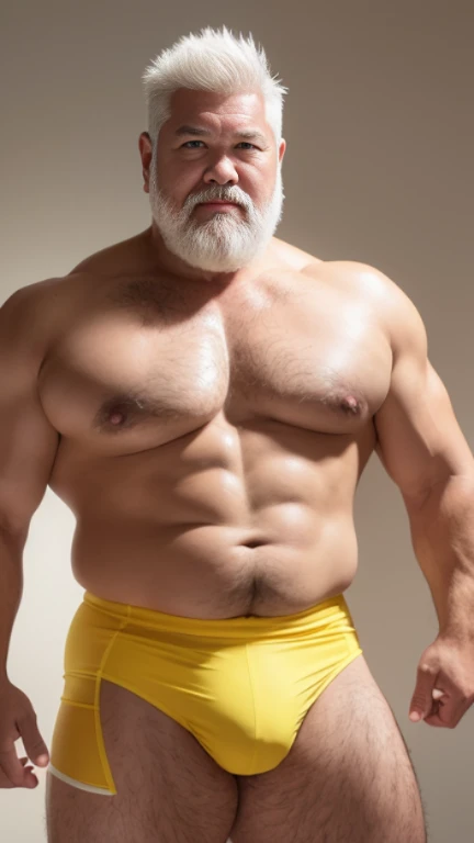 white hair, old man, individual, male, Muscular wrestler, muscular, Stout wrestler, Asian, Japanese, uncle, 55 year old middle-aged man, short hair, short hair, yellow wrestling boots, full body portrait, shadow, Vision, yellow briefs, obesity, 45 years old, short beard, middle-aged man, tattoo, fingerless gloves, Wheat skin, shiny skin, dark skin, Show your pectoral muscles, sumo wrestler, bodybuilder, wide temples, Visible abdominal muscles, Smile, Fine hands, solid color background, pure white background, Surrealism, Panorama, 8k, super detail,