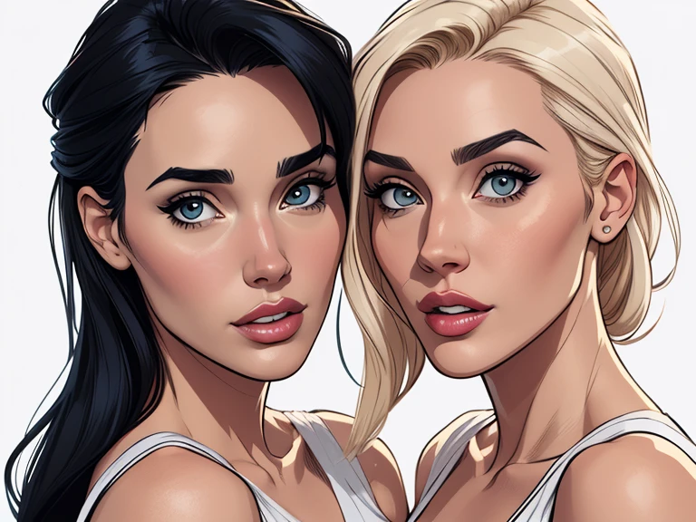 estilo de desenho animado:1.2), Jennifer Connelly together with Monica Bellucci bBrazilian woman draw ART Artline white background woman Jennifer Connelly together with Monica Bellucci in style Mas Max the film style Cartoon style digital illustration highly detailed ens, arte digital detalhada fofa, City fan art, design de personagem retrato, beautiful digital illustration, retrato de alta qualidade, arte em quadrinhos, retrato do design do personagem, white background busty halloween witches outfit cartoon style digital illustration diverse colorful background attractive woman sesy beautiful breasts and clothes white tank top in symmetrical, Female girlfriends pose beautiful breasts in Cartoon style digital illustration Jennifer Connelly together with Monica Bellucci b