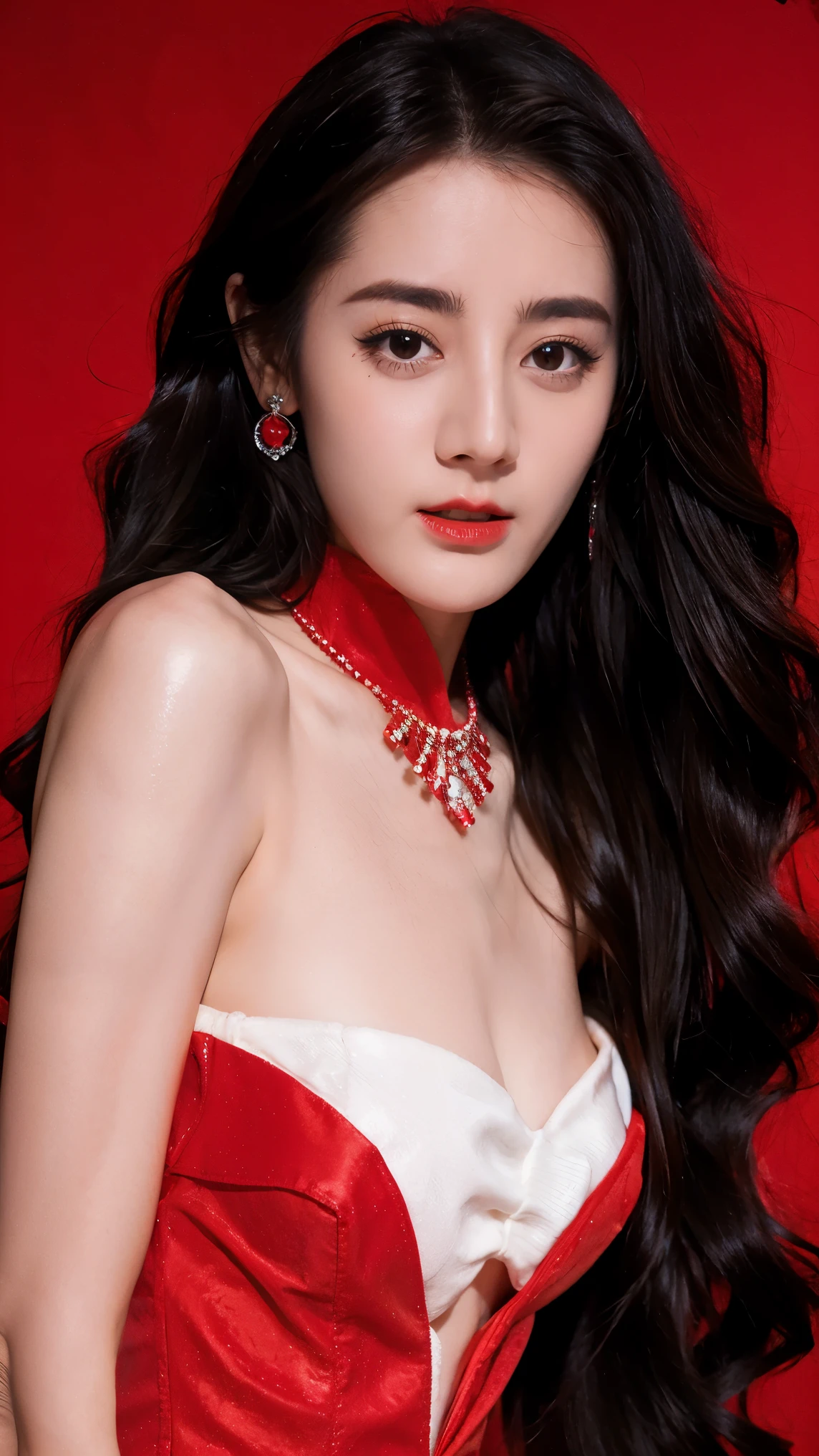 Ultra HD resolution,artistic photos,Photography,21yo girl,earrings,long hair,Red background,Black backless dress,necklace,cowboy shot,G cup