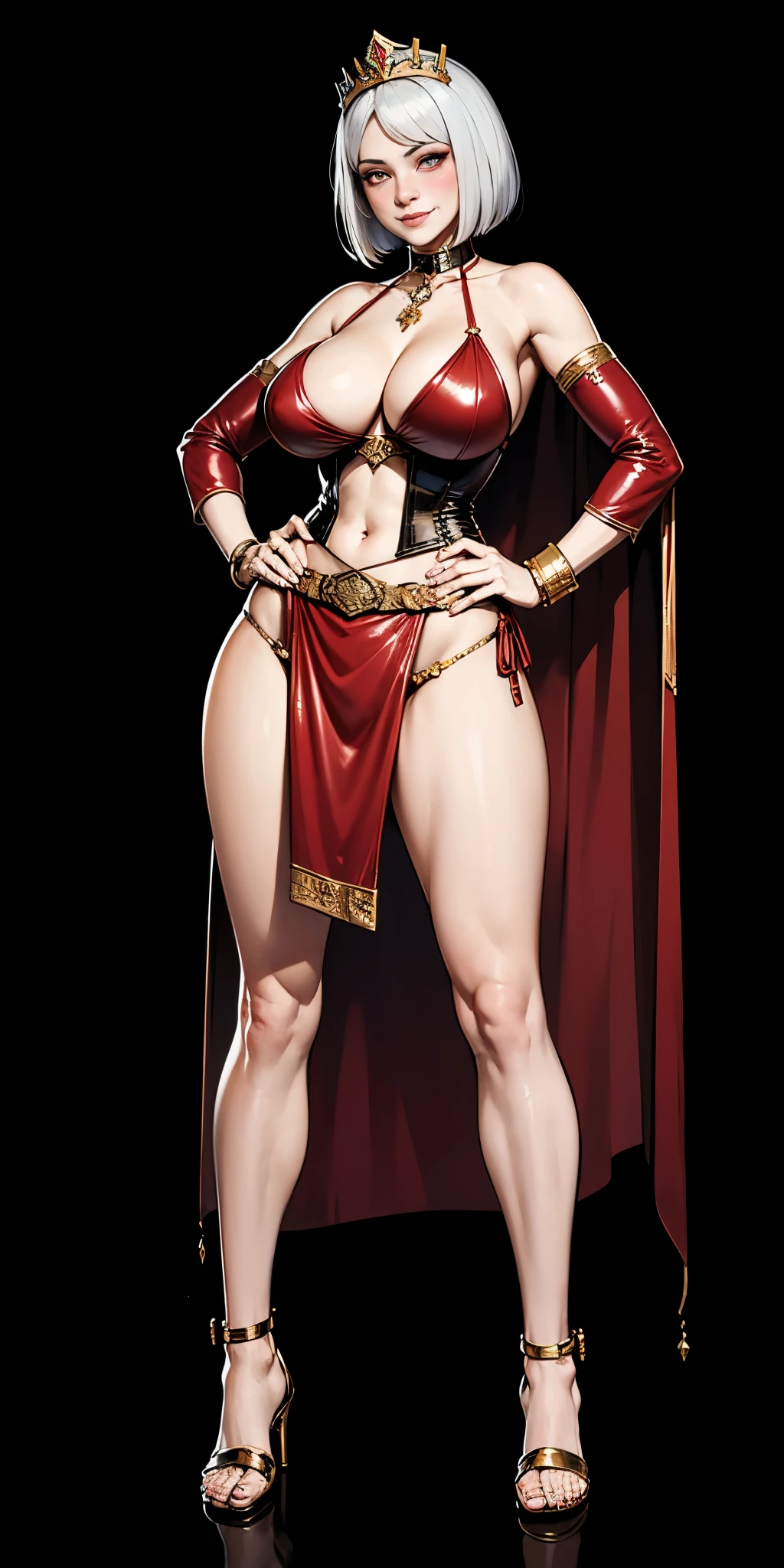 ((BLACK BACKGROUND,1:2, masterpiece)), full body MILF BIMBO standing with two long thighs and two high heels, red eyes, silver white hair, short bob style hair, big breasts, cleavage, separate sleeves, tiara royal, long cape up to two feet, yellow bikini, hands on waist, navel, lustful smirking smiling, smile face (red blushed, red cheeks), metal shoulders, gold sleeveless armbands, black leather choker slave collar, shackle bracelets, slave red crest, full body MILF BIMBO standing with two long thighs and two metal sandals, red eyes, silver white hair, short bob style hair, big breasts, cleavage, separate sleeves, tiara royal, long cape up to two feet, yellow bikini, tiger bikini stripes, hands on waist, navel, lustful smirking smiling, smile face (red blushed, red cheeks), metal shoulders, gold sleeveless armbands, black leather choker slave collar, shackle bracelets, slave red crest, pauldrons, breastplate, corset, eye focus, full body, whole body 1solo slave fighter, loincloth standing, hands on hips, metal sandals, backpack, choker, big belt around waist, view from below, feet together, bracers, tiara)