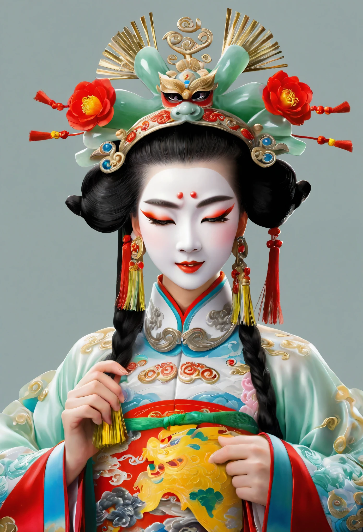 jade，8K, RAW photo, Best quality, Masterpiece, Realistic, photo-realistic, Ultra detailed,（Peking Opera Half Noodles：1.2）
1 girl,  CNOperaCrown,  From the front side, view the viewer, Peking Opera costumes,headdress, (((CNOperaFlag))), Mark from behind, Holding,  Upper body, nipple tassels,Portrait, Simple background, Smile, Mouth closed, Flowers,Small breasts,Slim,Thin,Small head,Small face