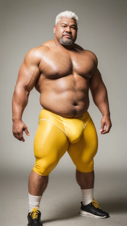 white hair, old man, individual, male, Muscular wrestler, muscular, Stout wrestler, Asian, Japanese, uncle, 55 year old middle-aged man, short hair, short hair, yellow wrestling boots, full body portrait, shadow, Vision, yellow briefs, obesity, 45 years old, short beard, middle-aged man, tattoo, fingerless gloves, Wheat skin, shiny skin, dark skin, Show your pectoral muscles, sumo wrestler, bodybuilder, wide temples, Visible abdominal muscles, Smile, Fine hands, solid color background, pure white background, Surrealism, Panorama, 8k, super detail，