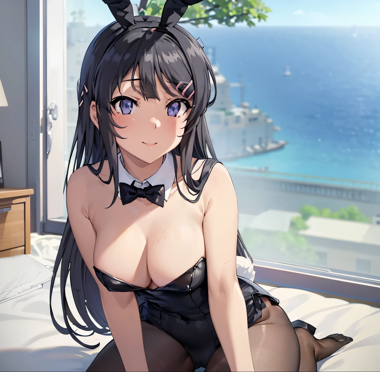 1girl, sakurajima mai, long hair, bangs, (black hair:1.5), hair ornament, (purple eyes:1.1), (hairclip), (blush:1.1), (smile:1.2), medium breasts, Naked, Exposed skin, (bunny girl:1.5), (black mesh tights:1.2), (black bunny girl costume:1.2), (all fours:1.3),
(on bed:1.3), (window:1.3), in room,
looking at viewer, (high angle shot:1.2), (masterpiece:1.2), best quality, high resolution, unity 8k wallpaper, (illustration:0.8), (beautiful detailed eyes:1.6), extremely detailed face, perfect lighting, extremely detailed CG, (perfect hands, perfect anatomy)
