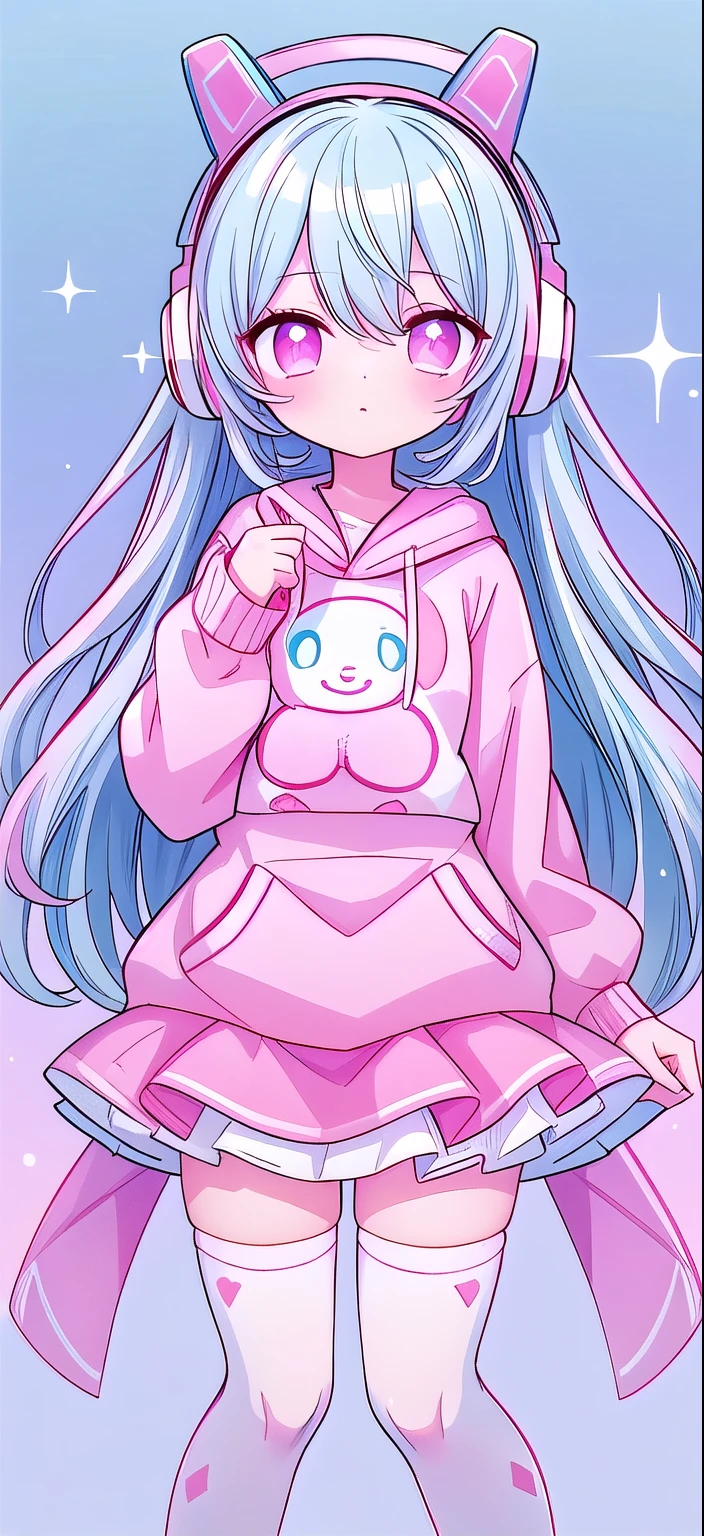 ,White knee socks,Long light blue hair,Pink and white sweatshirt,pink eyes,Blue headphones