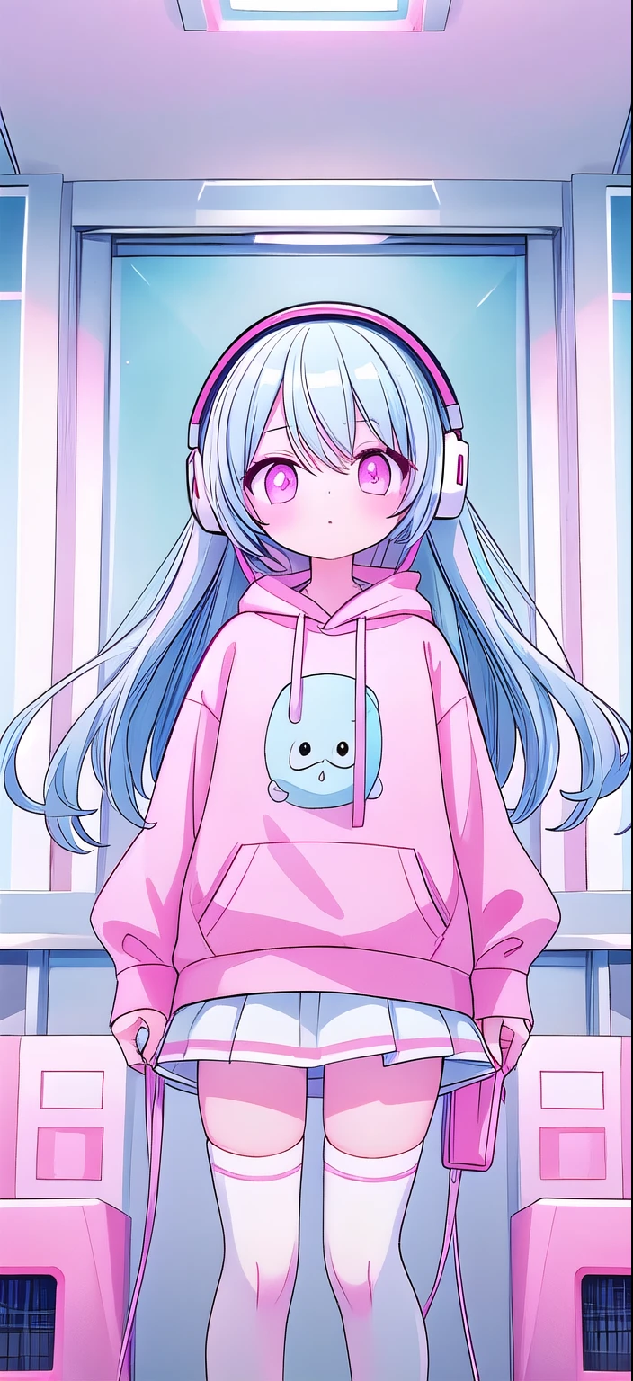 ，White knee socks，Long light blue hair，Pink and white sweatshirt，pink eyes，Blue headphones