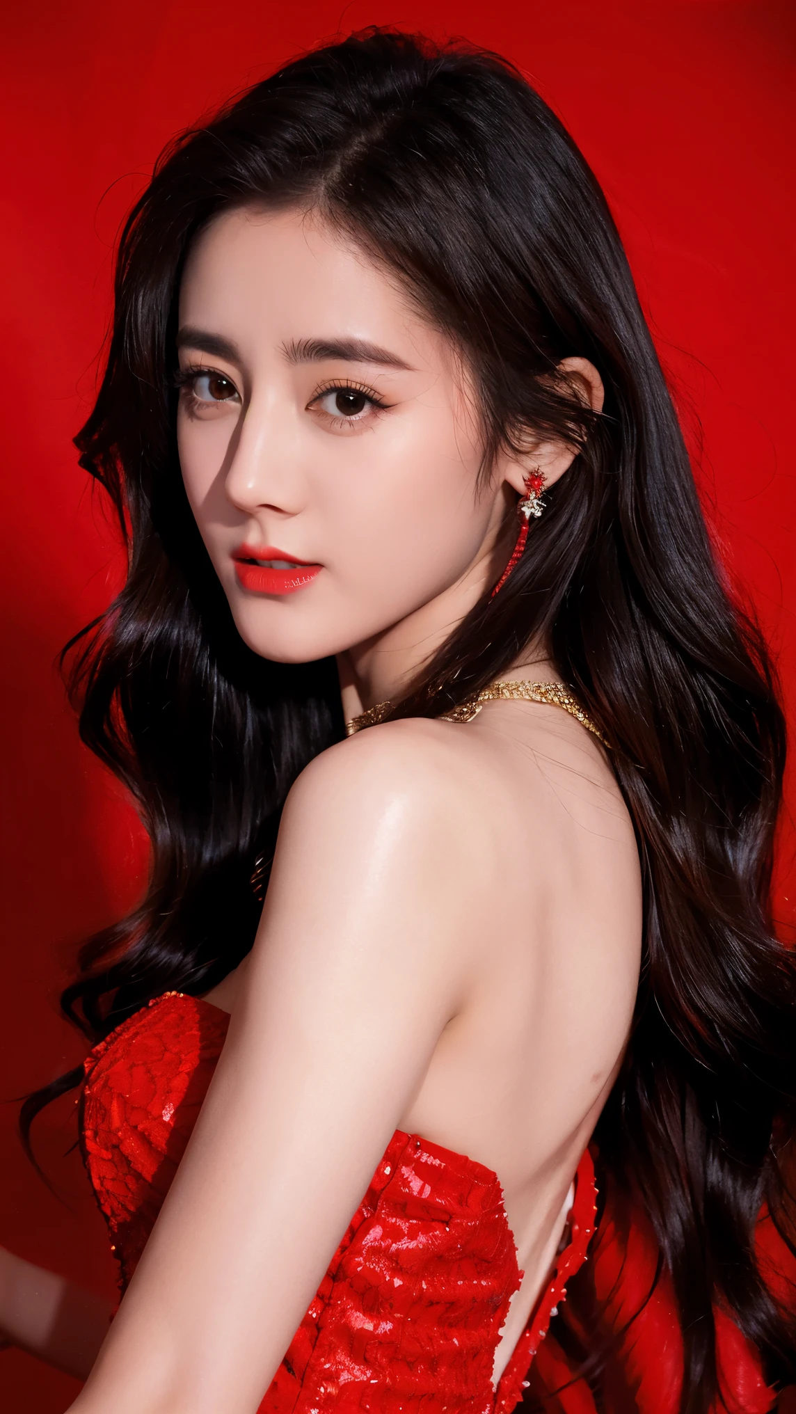 Ultra HD resolution,artistic photos,Photography,21yo girl,earrings,long hair,Red background,Black backless dress,necklace,cowboy shot,G cup