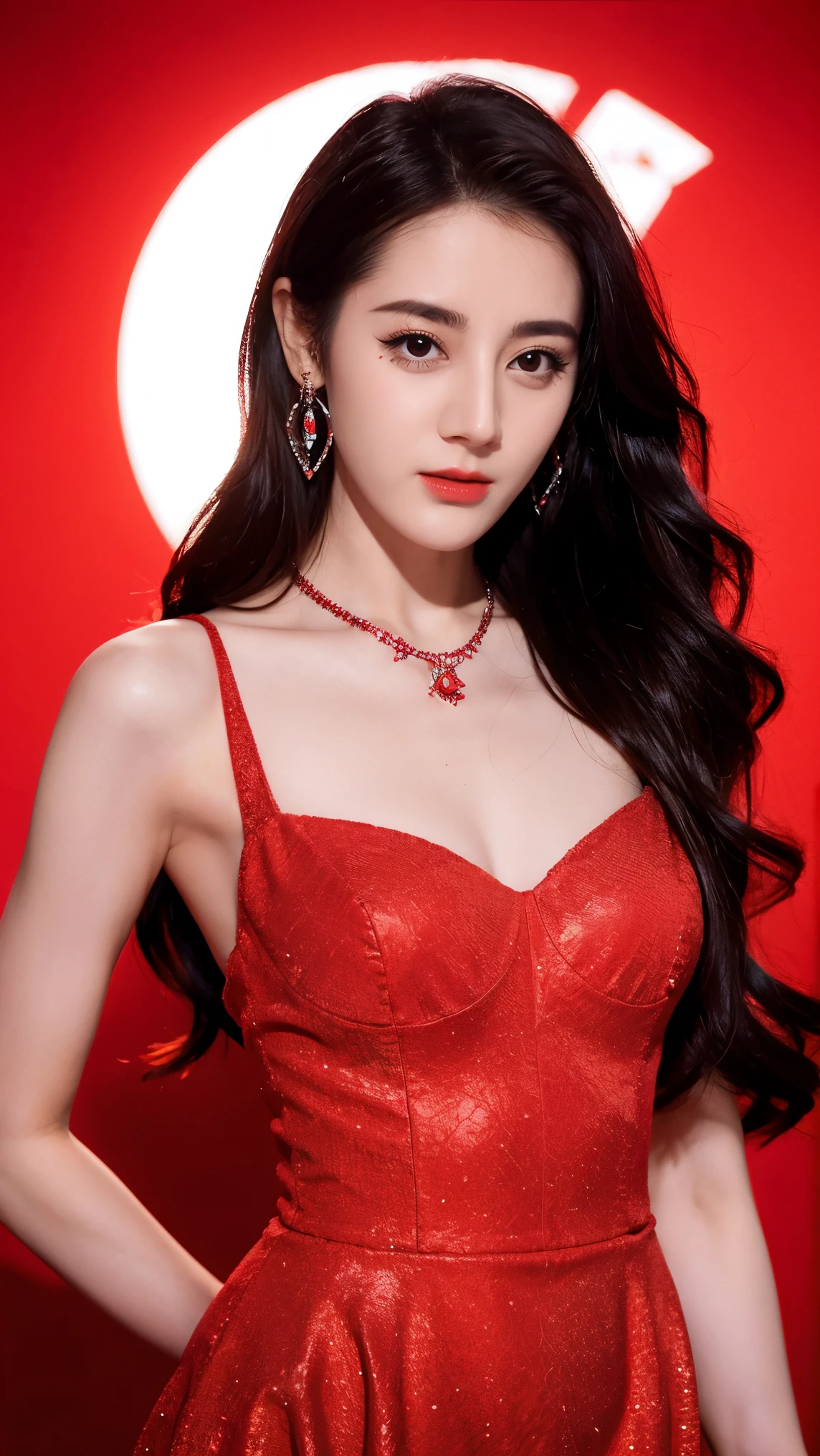 Ultra HD resolution,artistic photos,Photography,21yo girl,earrings,long hair,Red background,Black backless dress,necklace,cowboy shot,G cup
