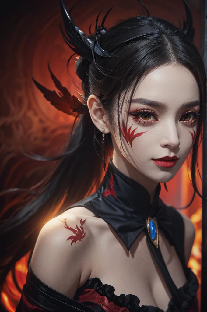 1 beautiful devil woman from hell, In the Dark: 1.6), surreal female portrait by David Hockney and Alphonse Mucha, fantasy art, korea doll, photorealism, dynamic lighting, artstation, poster, volumetric lighting, very detailed faces, 8k ultra, Awarded, in the dark, deep shadow, low key, cowboy lens, (Red phoenix dress: 1.4), long hair, black hair, bust, luxurious palace, Royal style, devil crown, red eyes make up very sharp and detailed, The most beautiful face, The breasts are very big and round and round, Super realistic, chinese women's clothing, polo neck sweater, Charming smile, The eyes are very well made up, guweiz, devil style, wearing black mesh socks, Ponytail with a bow tied at the back of the hair, Red black lips, Devil tattoo on shoulder, wearing a thin red and black robe, the landscape is overcast and thunderous, (Portrait), Close-up of the main character, (Background details 1.8),