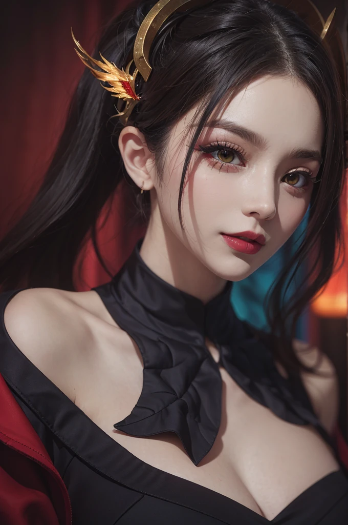 1 beautiful devil woman from hell, In the Dark: 1.6), surreal female portrait by David Hockney and Alphonse Mucha, fantasy art, korea doll, photorealism, dynamic lighting, artstation, poster, volumetric lighting, very detailed faces, 8k ultra, Awarded, in the dark, deep shadow, low key, cowboy lens, (Red phoenix dress: 1.4), long hair, black hair, bust, luxurious palace, Royal style, devil crown, red eyes make up very sharp and detailed, The most beautiful face, The breasts are very big and round and round, Super realistic, chinese women's clothing, polo neck sweater, Charming smile, The eyes are very well made up, guweiz, devil style, wearing black mesh socks, Ponytail with a bow tied at the back of the hair, Red black lips, Devil tattoo on shoulder, wearing a thin red and black robe, the landscape is overcast and thunderous, (Portrait), Close-up of the main character, (Background details 1.8),