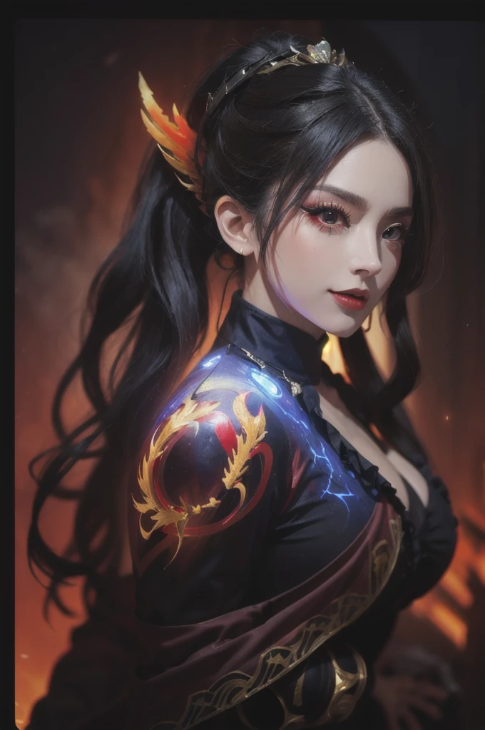 1 beautiful devil woman from hell, In the Dark: 1.6), surreal female portrait by David Hockney and Alphonse Mucha, fantasy art, korea doll, photorealism, dynamic lighting, artstation, poster, volumetric lighting, very detailed faces, 8k ultra, Awarded, in the dark, deep shadow, low key, cowboy lens, (Red phoenix dress: 1.4), long hair, black hair, bust, luxurious palace, Royal style, devil crown, red eyes make up very sharp and detailed, The most beautiful face, The breasts are very big and round and round, Super realistic, chinese women's clothing, polo neck sweater, Charming smile, The eyes are very well made up, guweiz, devil style, wearing black mesh socks, Ponytail with a bow tied at the back of the hair, Red black lips, Devil tattoo on shoulder, wearing a thin red and black robe, the landscape is overcast and thunderous, (Portrait), Close-up of the main character, (Background details 1.8),