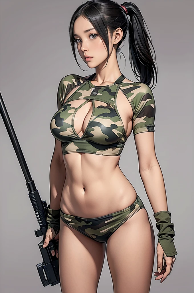 1 girl,A cute girl wearing a camouflage pattern bikini top and super miniskirt is holding a large rifle and looking at us.、Idol level cuteness、black hair ponytail、Slender but big breasts、belly button、healthy thighs、anatomically correct、accurate limbs and fingers、Breasts that seem to overflow from the tiny camouflage pattern bikini top、erect nipples、tiny shorts、wearing military equipment、Accurately drawn large rifle、combat boots、In the desert ruinasterpiece、photorealism、