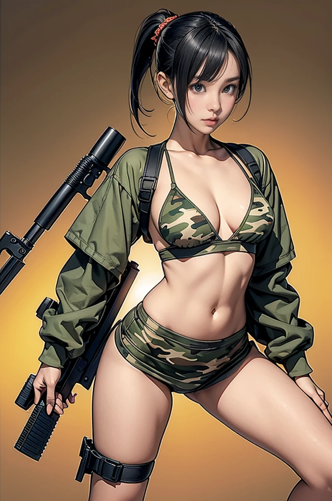 1 girl,A cute girl wearing a camouflage pattern bikini top and super miniskirt is holding a large rifle and looking at us.、Idol level cuteness、black hair ponytail、Slender but big breasts、belly button、healthy thighs、anatomically correct、accurate limbs and fingers、Breasts that seem to overflow from the tiny camouflage pattern bikini top、erect nipples、tiny shorts、wearing military equipment、Accurately drawn large rifle、combat boots、In the desert ruinasterpiece、photorealism、