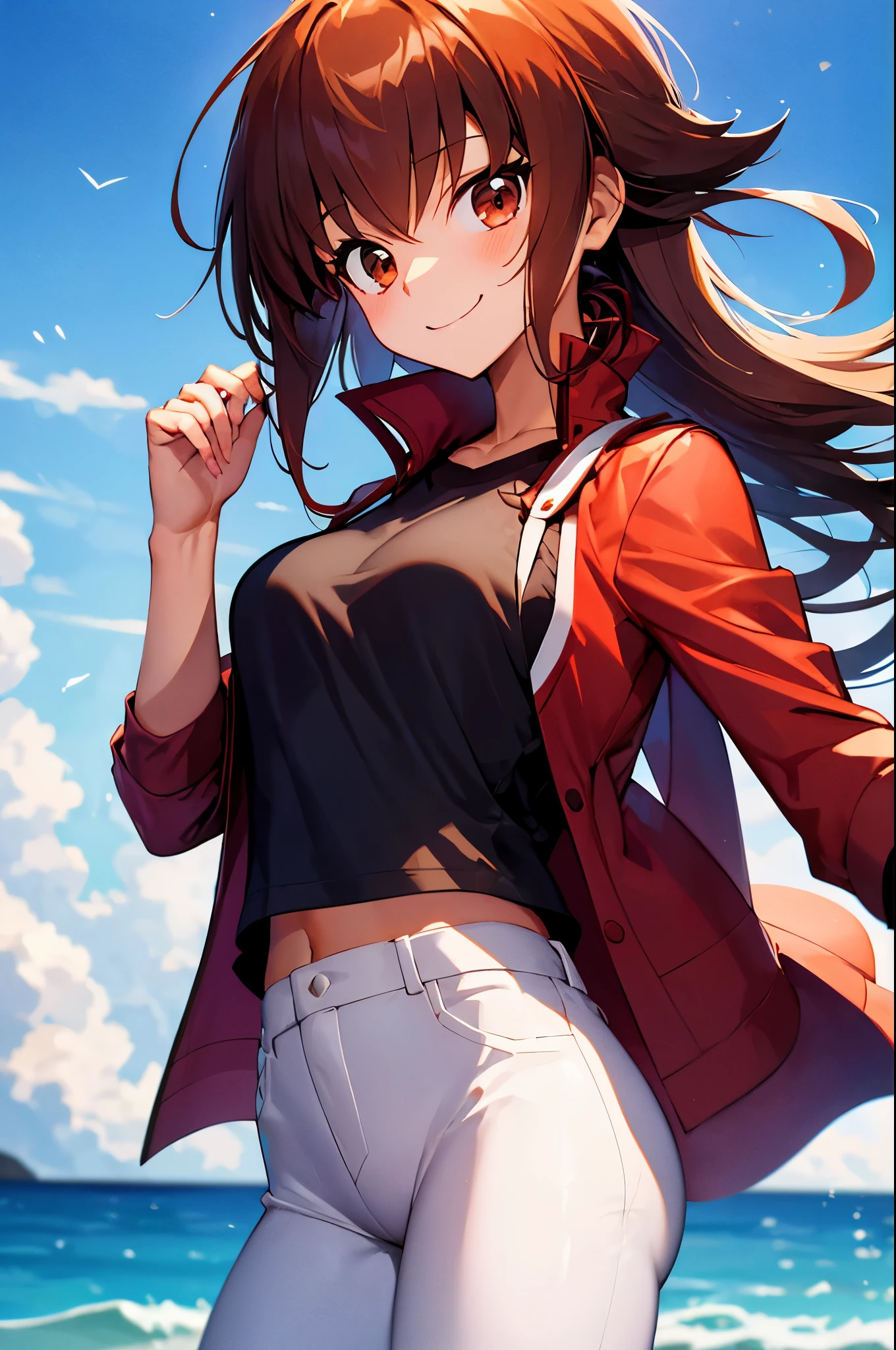 Yuuki Judai, 1girl,(female:1.5), Brown hair, Solo, Red jacket, Bangs, Black shirt, Open jacket, hair between eye, Long hair, Smile, White pants, red footwear,Duel Academy Uniforms (Yu-Gi-Oh! nffsw),
(Close Shot, Best Quality, hight resolution, 4K, Detailed Lighting, Shaders), 
Smile,
Looking at Viewer, Cowboy Shot,
