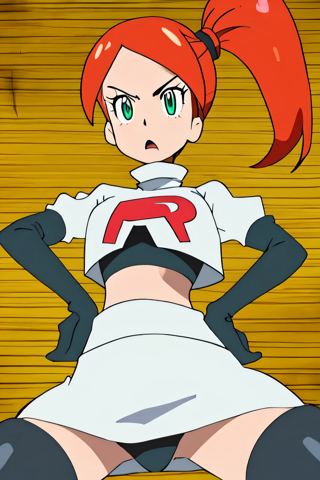 masterpiece,best quality,high res,high quality,sonia
side ponytail,orange hair, heart hair ornaments, aqua eyes, eyewear on head8k, masterpiece,highres, team rocket uniform, red letter r, white skirt,white crop top,black thigh-high boots, black elbow gloves, glaring angrily, looking down at viewer, hands on hips, cowboy shot, zettai ryouiki,spread legs,from below, black panties,anime style, vivid colors, sharp focus, intense lighting,