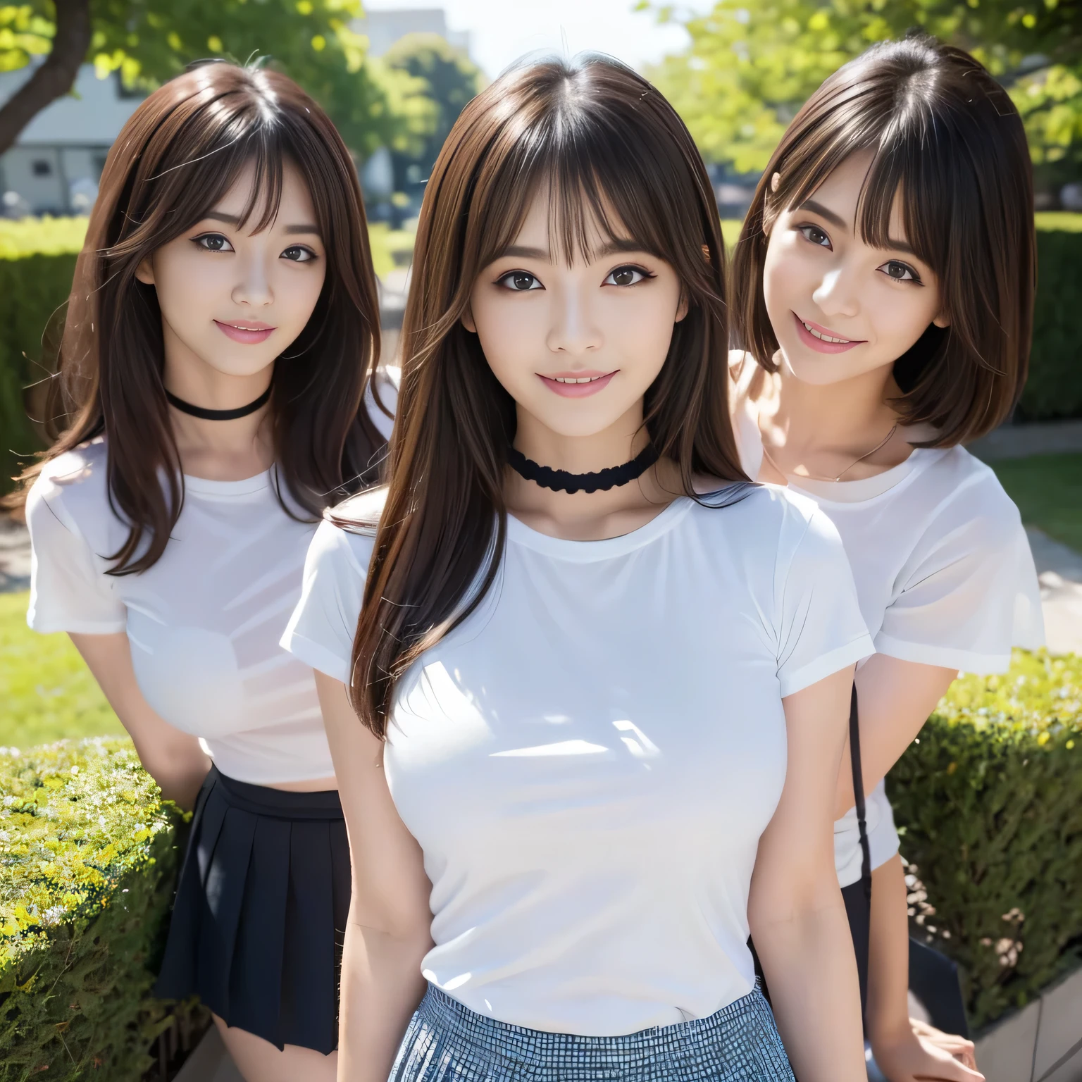 Group photo, Group photo, Some very beautiful women, Highly detailed eyes, Highly detailed face,  Sexy and highly detailed lips, Super detailed everything, Attractive woman, Black choker, Blue Eyes, very long eyelashes, bangs, big breasts, ((smile)), highest quality, masterpiece, ((Slim face)), Japanese actress, Servant, ((High nose)), ((Tight T-shirt)), A happy atmosphere, Fun smile,, mini skirt, garden